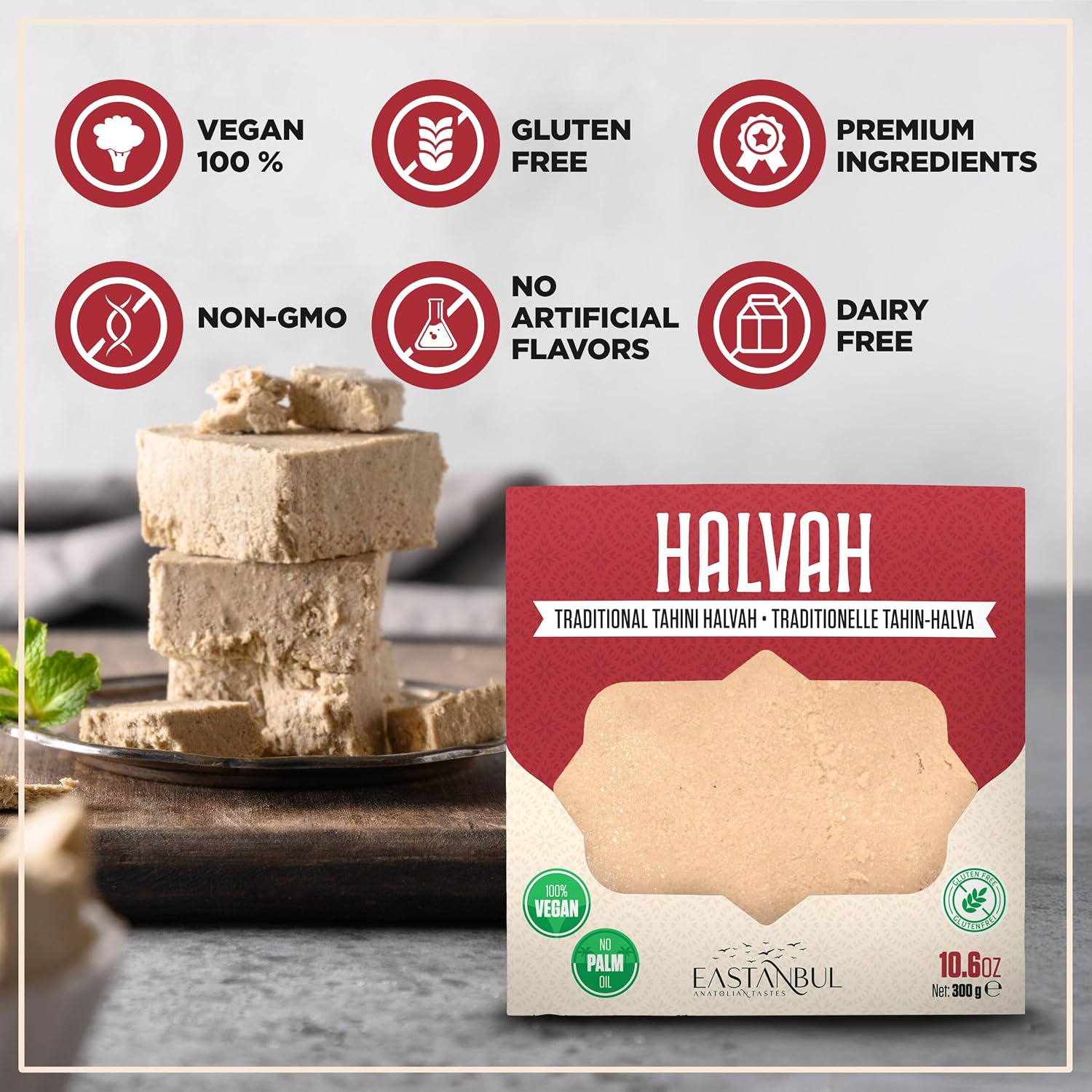 Eastanbul Halvah, 10.6oz, Turkish Halva, Tahini Halva, Plain Tahini Halvah Candy, Traditional Sesame Dessert, Vegan, Gluten Free, Non-GMO, Halwa, Halawa