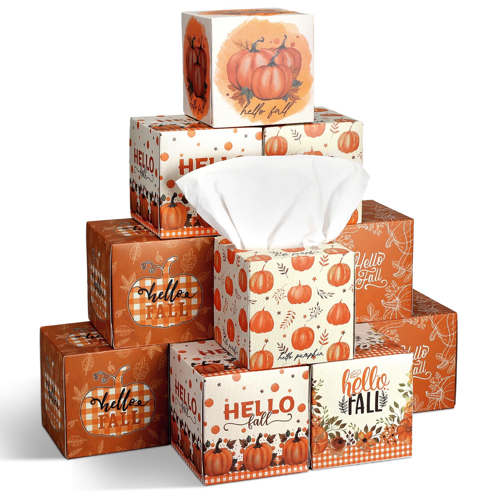 Bencailor Confezione da 12 scatole di fazzoletti per il viso autunnali a forma di zucca, 600 fogli a 3 strati, copertura quadrata in tessuto per accessori di casa e auto (arancione, Hello Pumpkin)