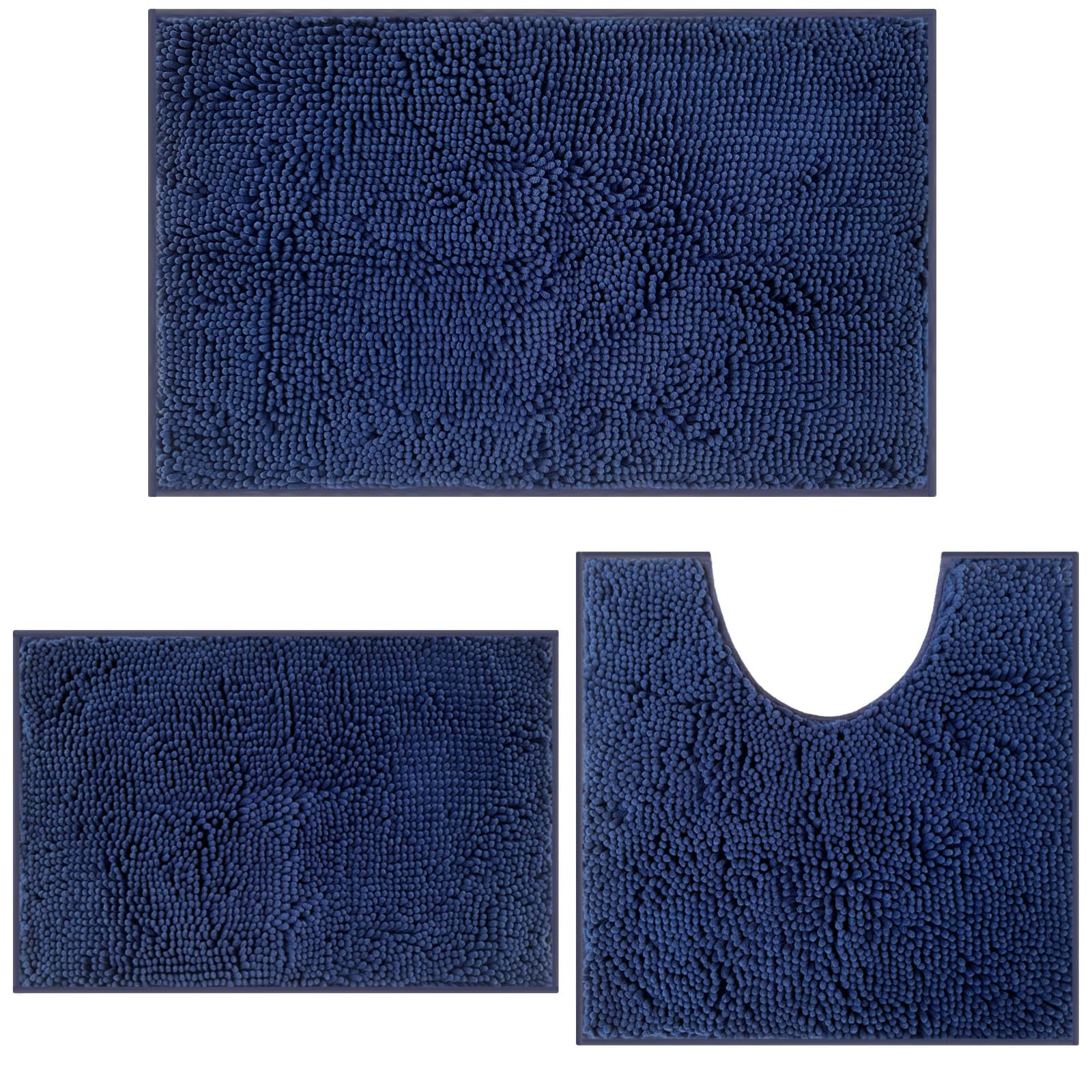 RUN HELIXNavy Blue Bath Mat Set, 3 Pieces, Chenille, Non Slip, Absorbent, Washable, Plush, Ultra Soft, Bathroom, Tub, Shower