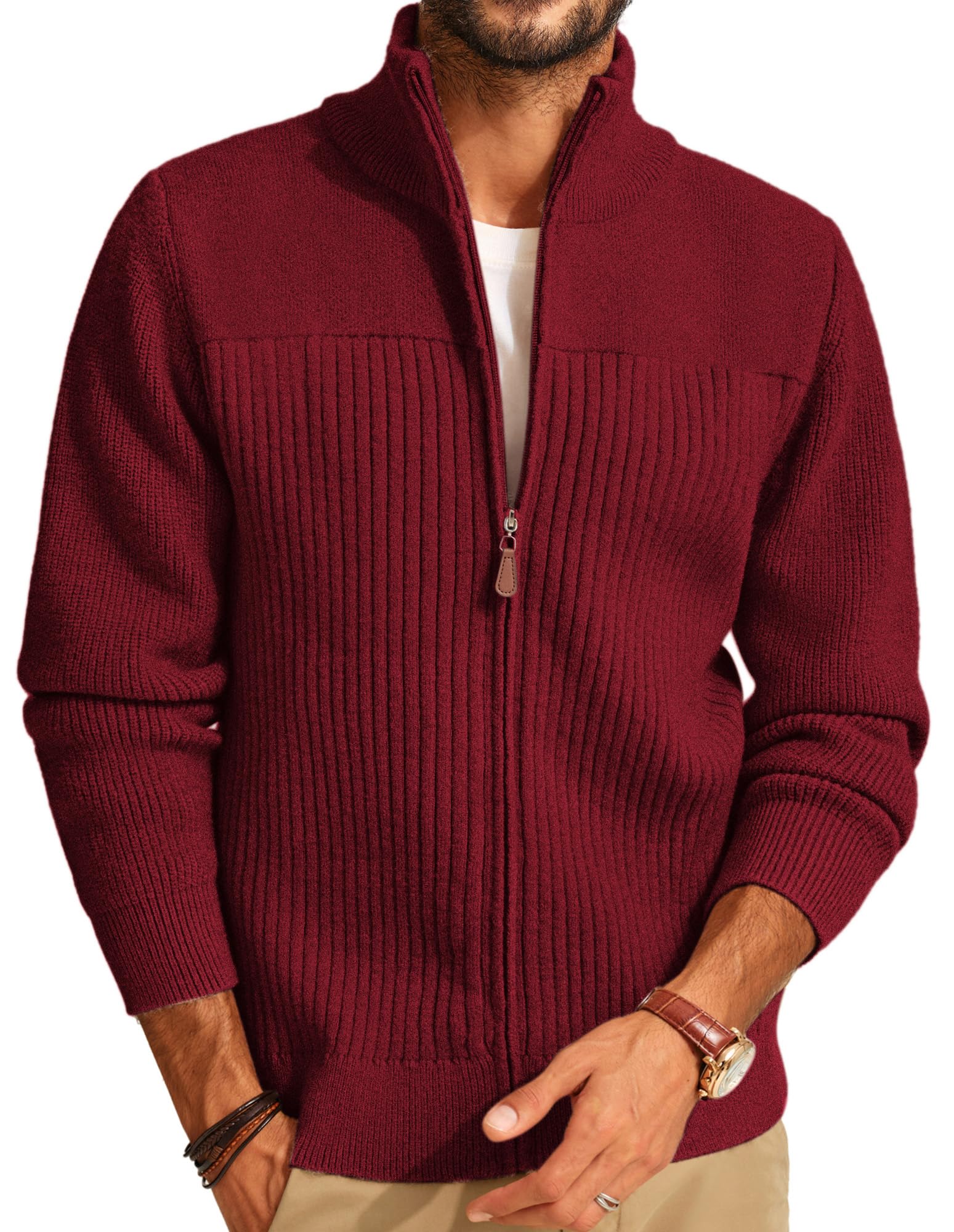PJ PAUL JONES Cárdigan de punto acanalado con cremallera completa para hombre