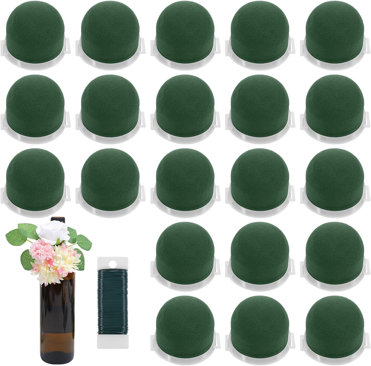 24 Pcs Mini Floral Foam Round Holder Oasis Dry Floral Florist Foam Half Ball with 1 Roll 35M Green Wire Blocks Flower Arrangements Supplies Florist Form Blocks for Wedding Party Decorations, Wine Bo