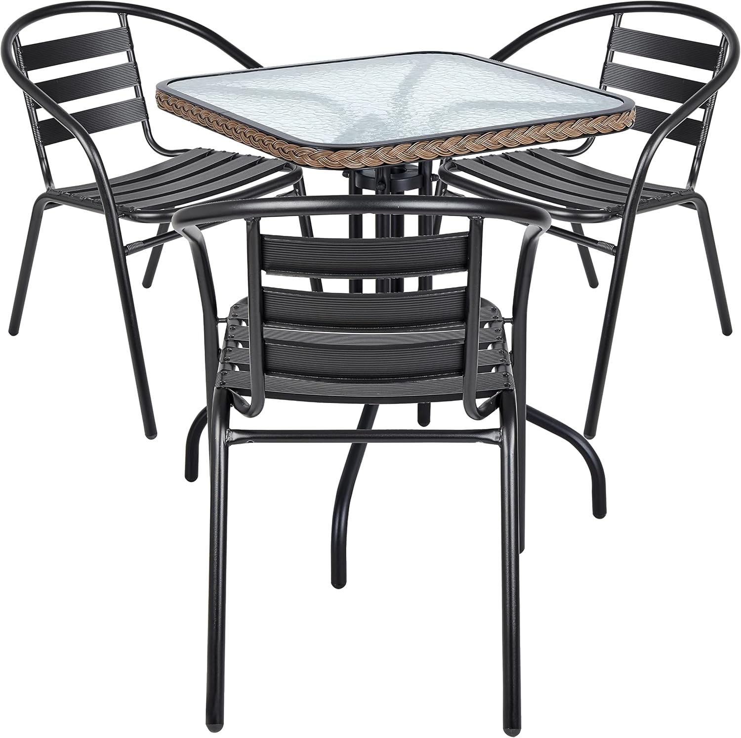 BTEXPERT Indoor Outdoor 28" Tempered Glass Trim Restaurant Aluminum Slat Stack Lightweight, 3 Metal Chairs with a Square Rattan Table, Black/Brown