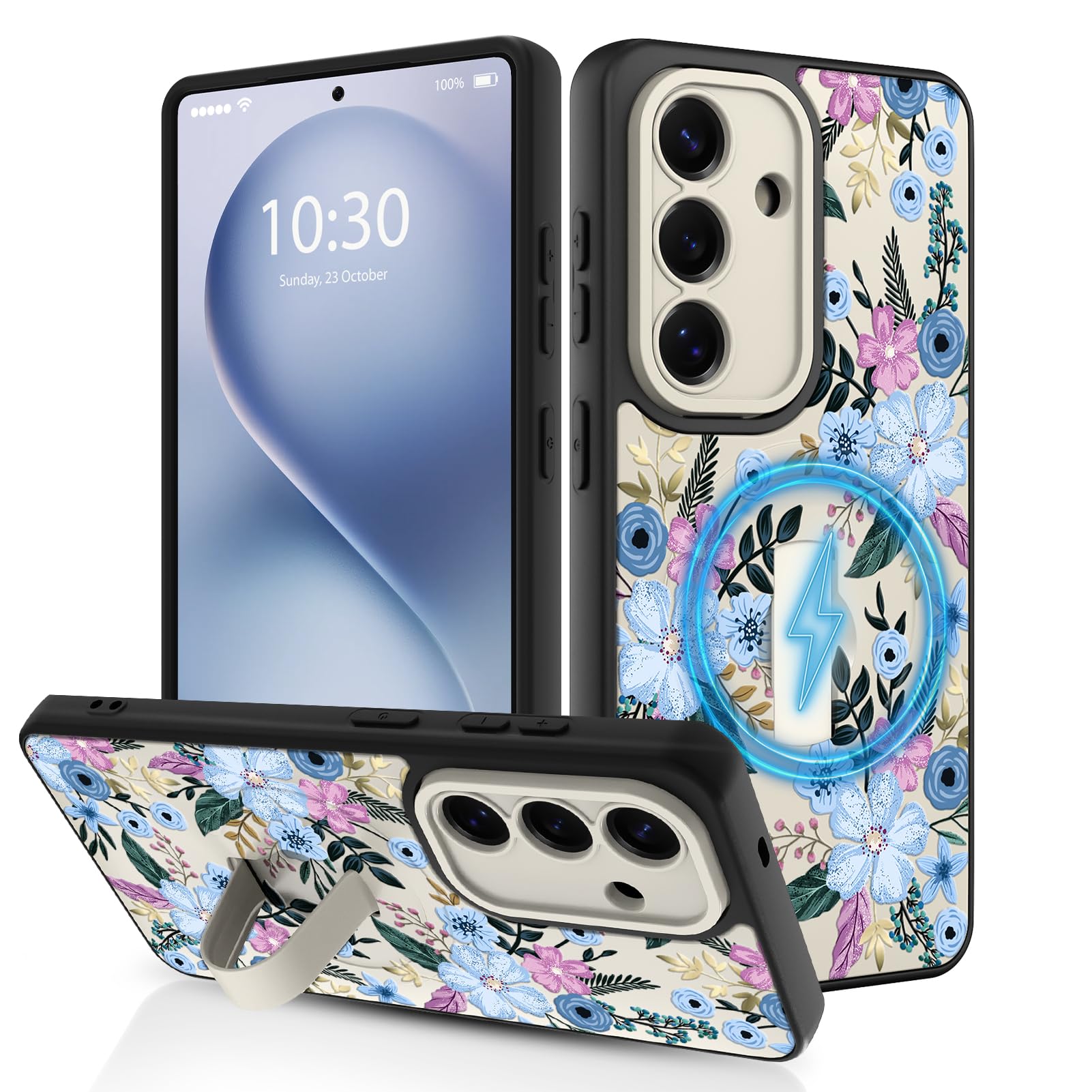 Funda magnética floral para Samsung Galaxy S26 con correa para el dedo, compatible con MagSafe, bonito patrón de flores para mujeres y niñas, cubierta de protección completa de cámara con