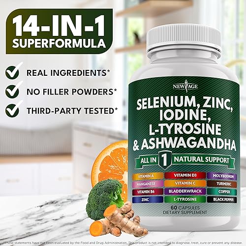 Miniatura 6 de NEW AGE Selenio, zinc, yodo, L tirosina, ashwagandha - Suplemento para mujeres y hombres con vejiga, cúrcuma, algas de sílice, Schisandra - 120