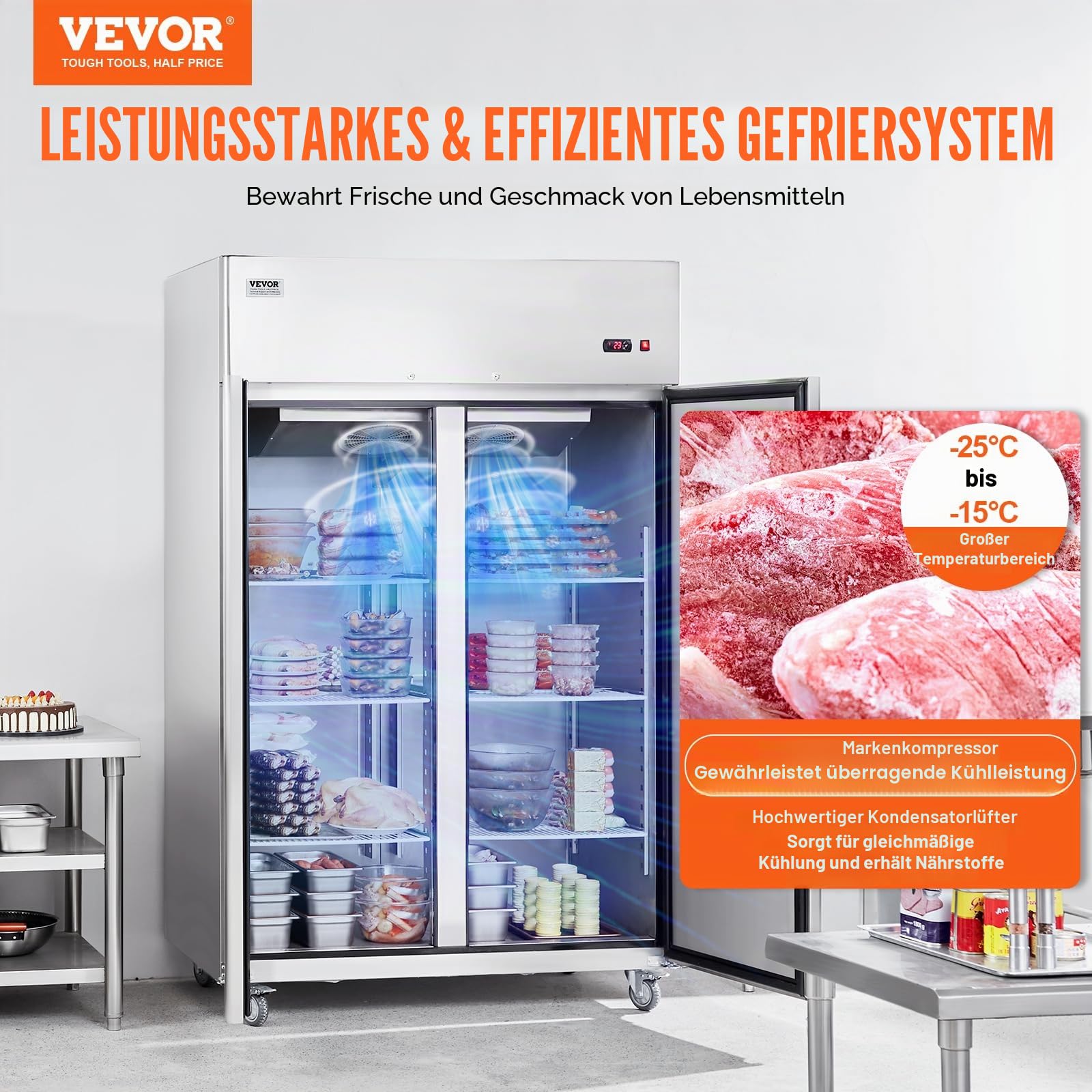 VEVOR Gewerbe-Gefrierschrank 1100 L, Gefrierschrank mit 2 Türen, Edelstahl-Gefrierschrank mit automatischer Abtauung, 6 verstellbaren Ablagen, Temperaturregelung von -25 bis -15 °C und 4 Rädern