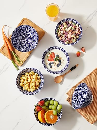 Miniatura 4 de Tazones de cerámica para cereales, cuencos azules y blancos de 23 onzas, juego de cuencos de sopa de porcelana para ensalada, postre, pasta, helado,