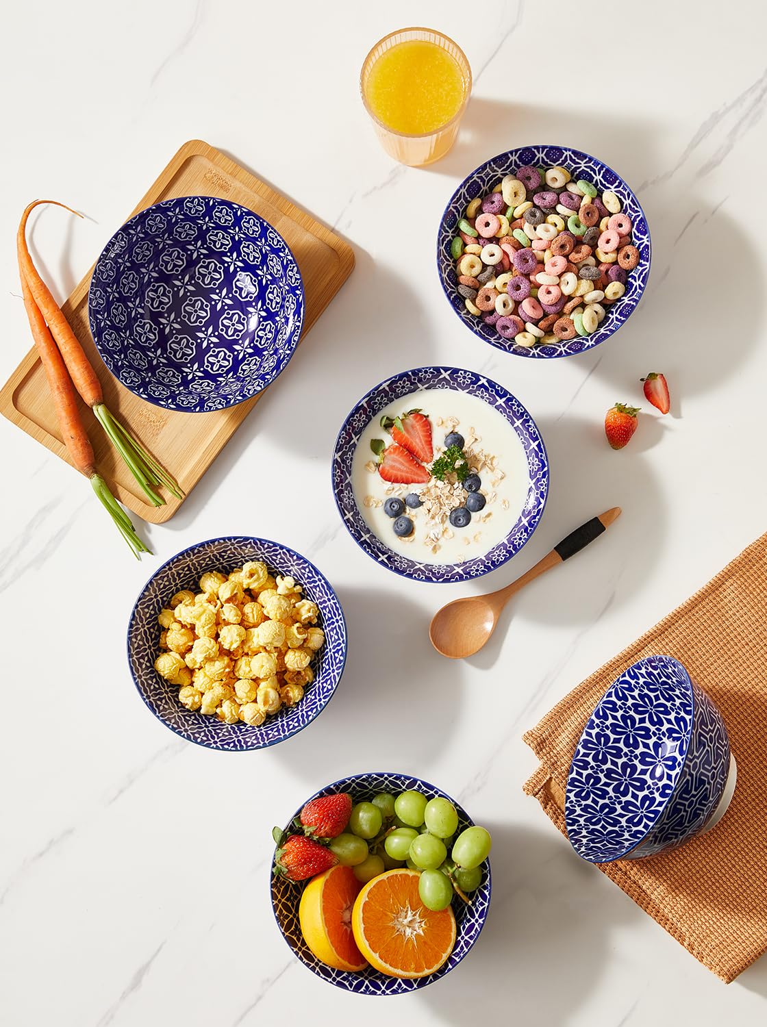 Metahom Cuencos de cerámica para cereales, cuencos azules y blancos de 23 onzas, juego de cuencos de sopa de porcelana para ensalada, postre, pasta, helado, juego de 6