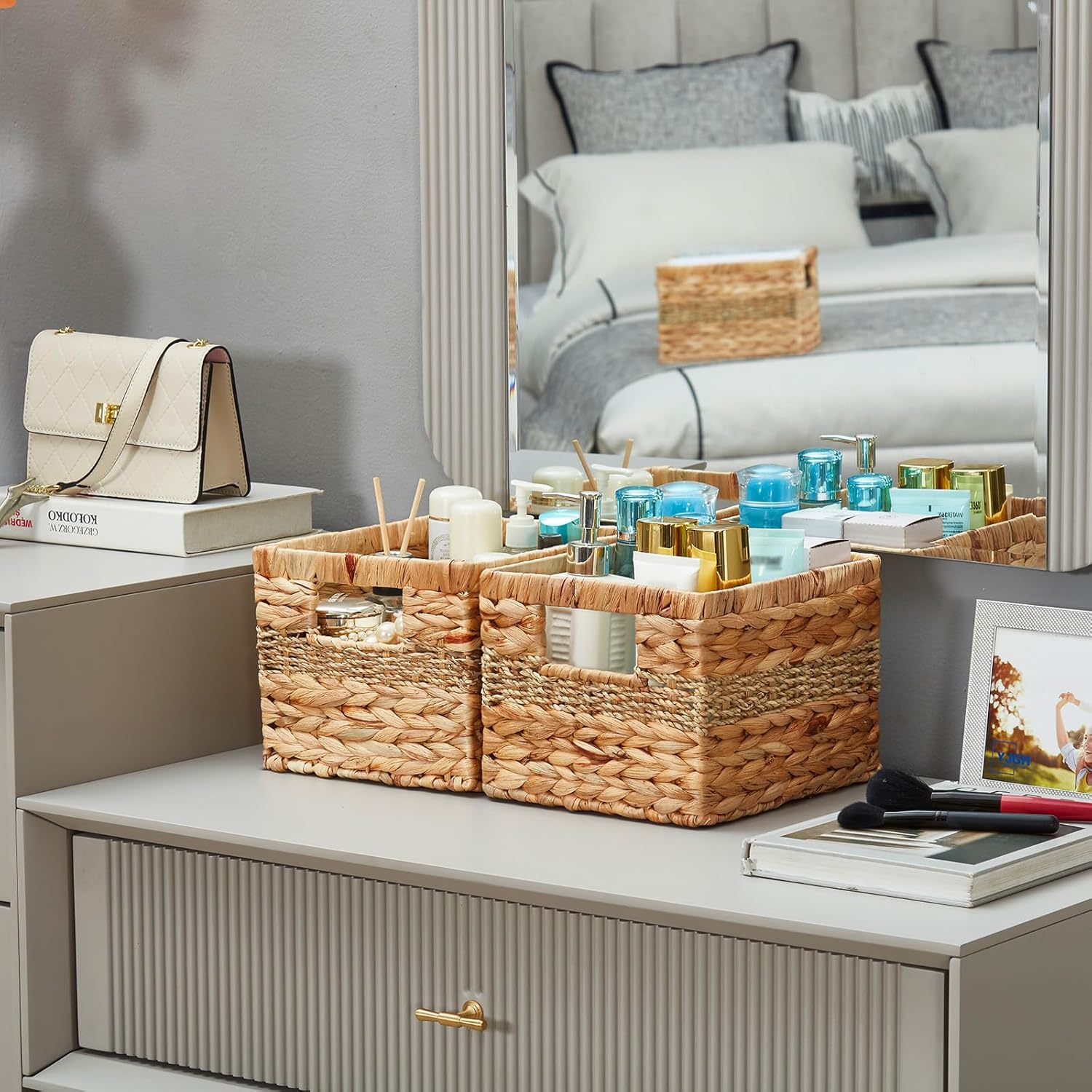 Water Hyacinth Wicker Basket, Decorative Woven Baskets with Built-in Handles, Hand-woven Storage Organizer for Organizing Pantry, Livingroom, Bedroom, Shelves, Toilet(2-PACK, Blended) - Image 8