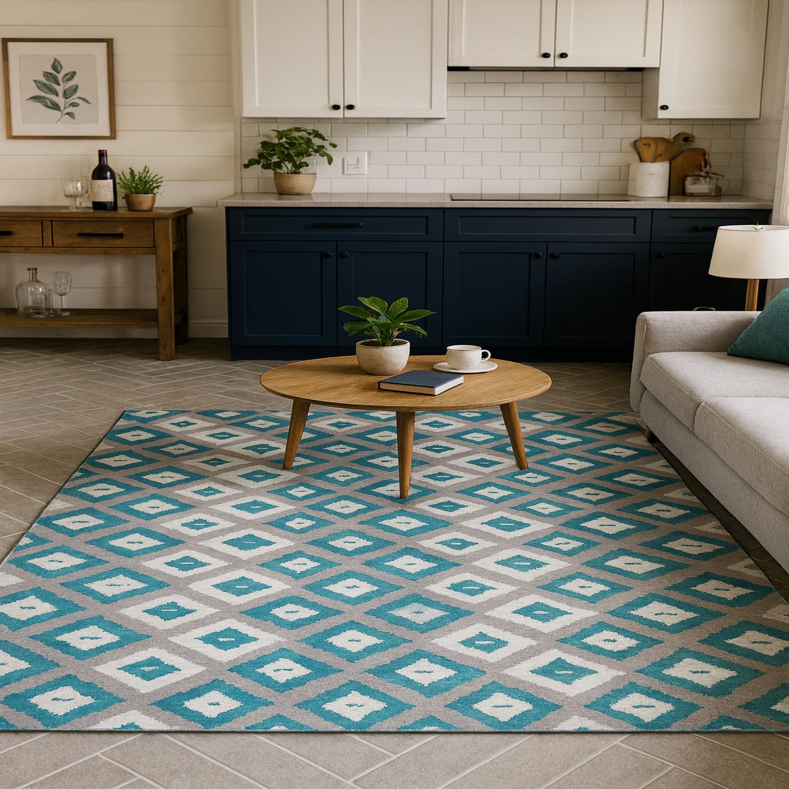 Tapis salon 160x230cm géométrique bleu moderne lavable doux