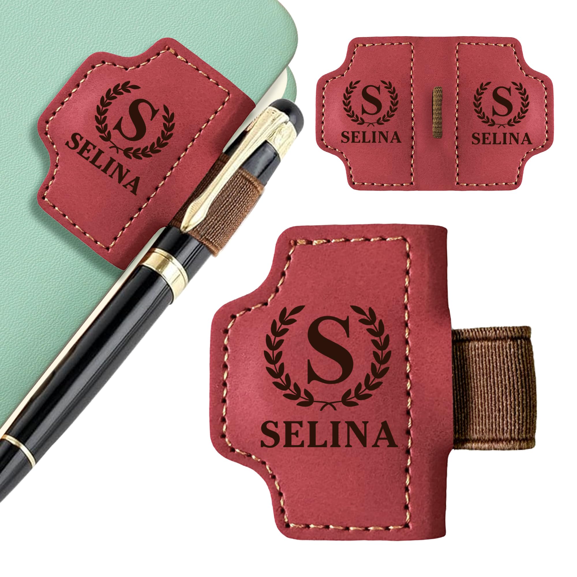 EDSG Personalised Magnetic Bookmark, Engraved Leather Bookmark Clip with Pen Holder, Custom Book Marks Bookmarks Gifts for Men Women Book Lovers Teachers Christmas Birthday (Red)