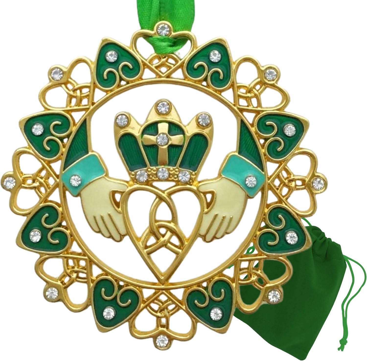 Irish Christmas Ornaments - Gold Claddagh Design with Jewels and Enamel - Gift Boxed with Irish Saying Poem - Gift-Storage Bag Included - Measures 3.25" D