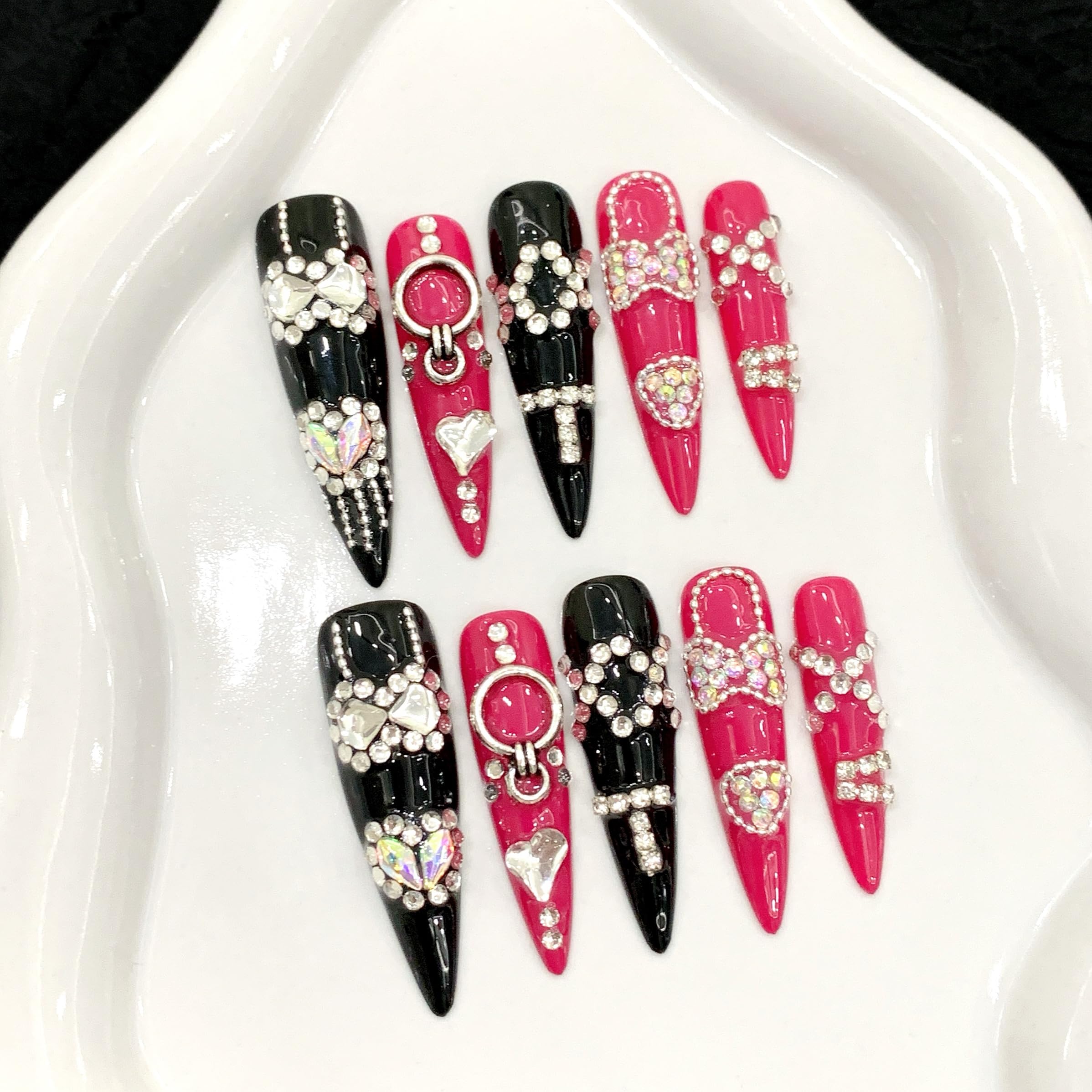 Liccom Press-On Nails "Nero & Rosa Spina” – Unghie Finte Eleganti Nero e Rosa con Strass e Cristalli, Design Dark Neon di Lusso, Facile Applicazione, Riutilizzabili (S, L. da27mm a 32mm, Mandorla)