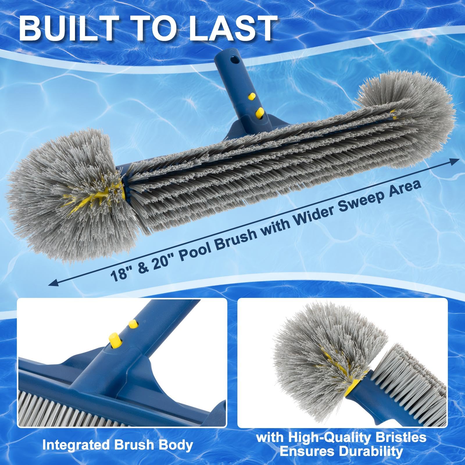 POOLAZA 45,7 cm und 50,8 cm Poolbürsten mit runden Enden, abnehmbare Poolbürsten zum Reinigen von Poolwänden und Fliesen, 2-in-1-Pool-Bürstenkopf für Innenpools/oberirdische Pools, hocheffiziente