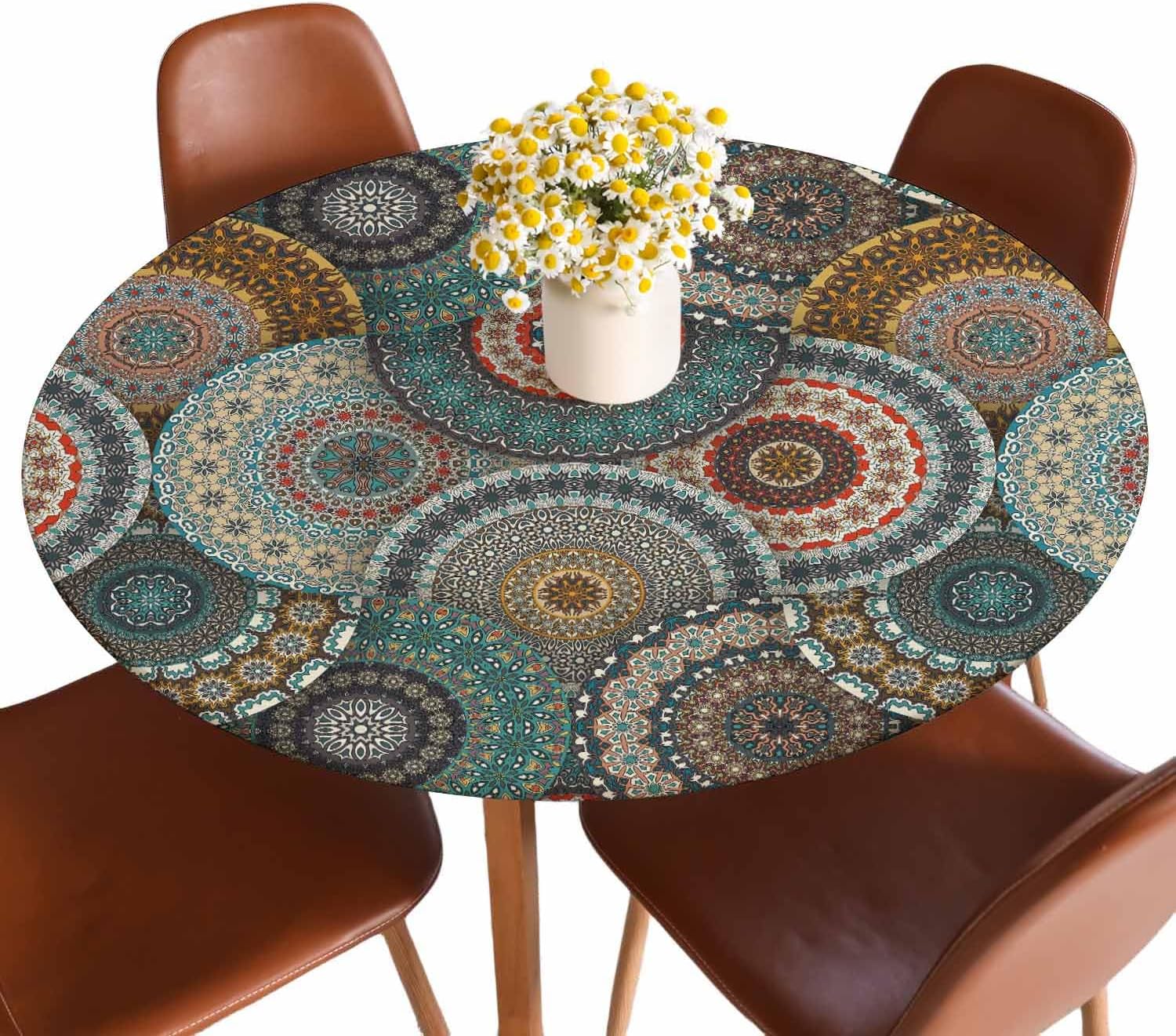 Colorful Mandala Round Tablecloth | Vintage Flower Design Fitted Table Cover For 40-44 Inch Tables - Waterproof & Washable