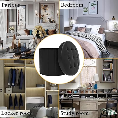 Miniatura 5 de Otomana plegable redonda de almacenamiento de 15 pulgadas, taburete de pie con asiento acolchado de espuma más gruesa, banco otomano de