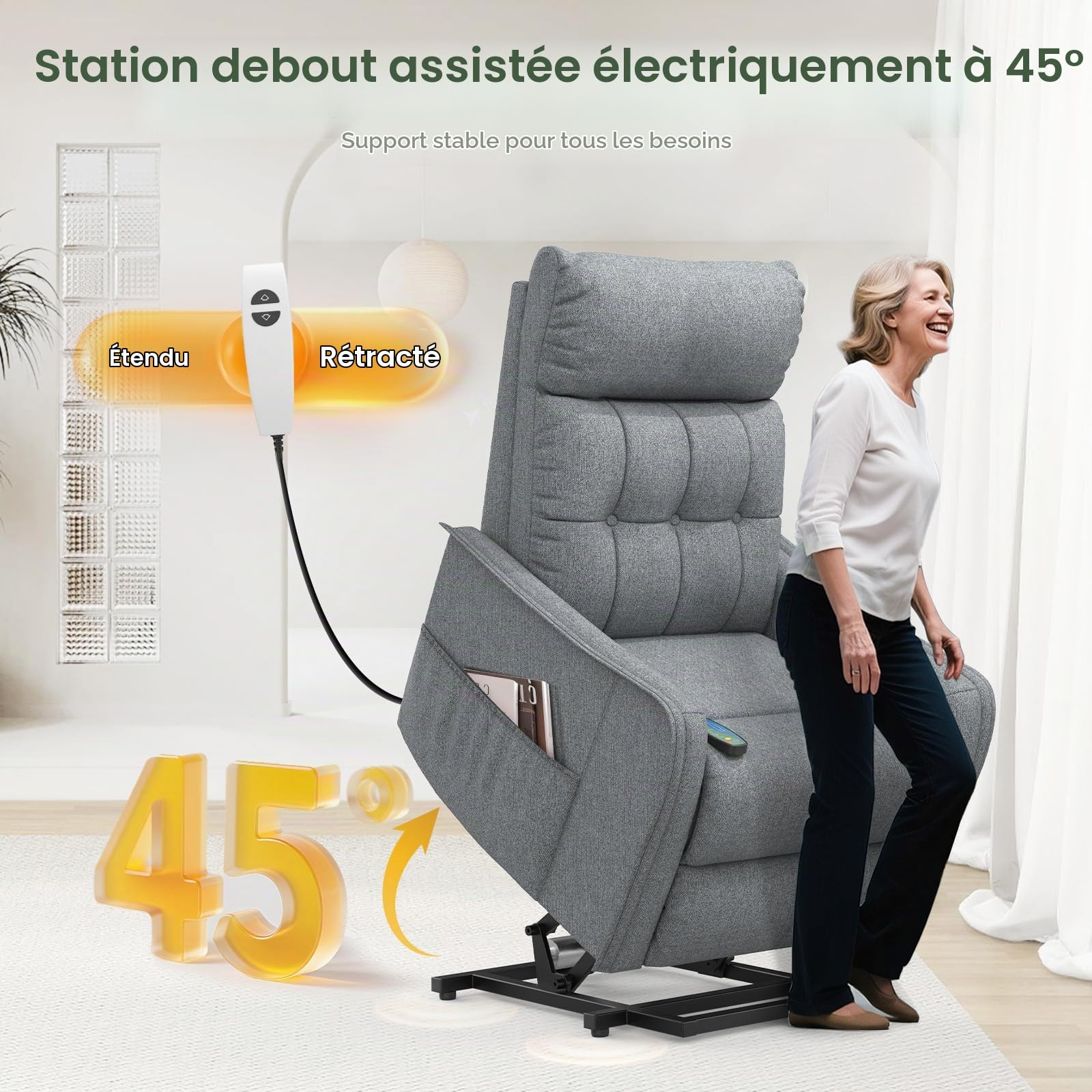 Fauteuil inclinable pour personnes âgées, fauteuil inclinable électrique avec massage et chaleur, repose-pieds étendu, chaise inclinable avec 2 télécommandes