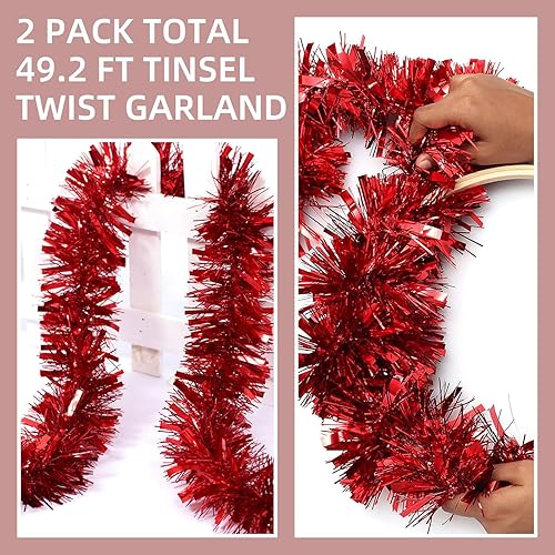 Miniatura 4 de Guirnalda de oropel rojo de 50 pies, guirnalda de oropel de Navidad, decoración de árbol de Navidad, guirnalda metálica de oropel para árbol de