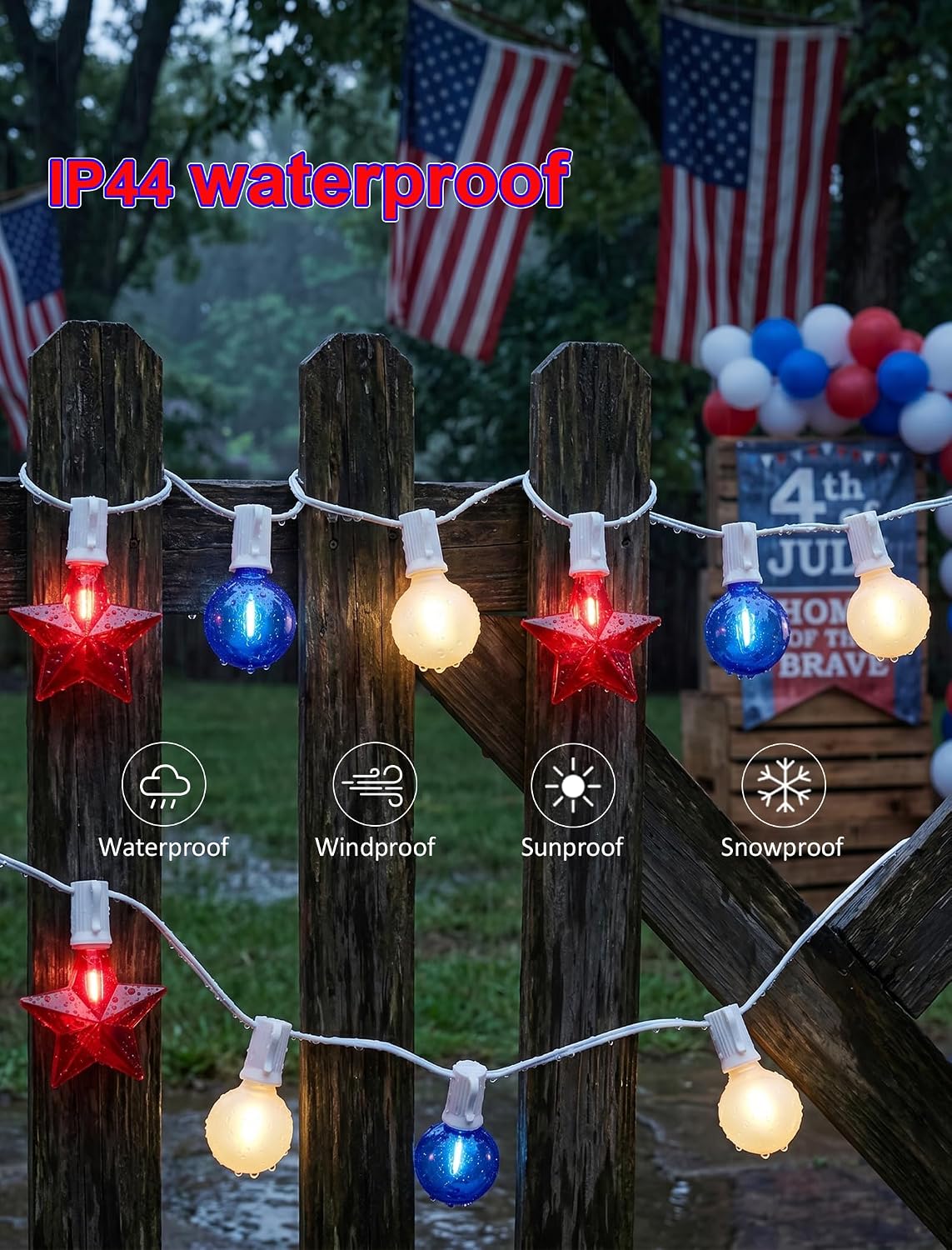 19Ft 4th of July Lights Outdoor, Waterproof Red White and Blue String Lights Plug in Connectable for Patriotic Porch Bistro Backyard Party Independence Day Decorations, E12/C7 Base Lights