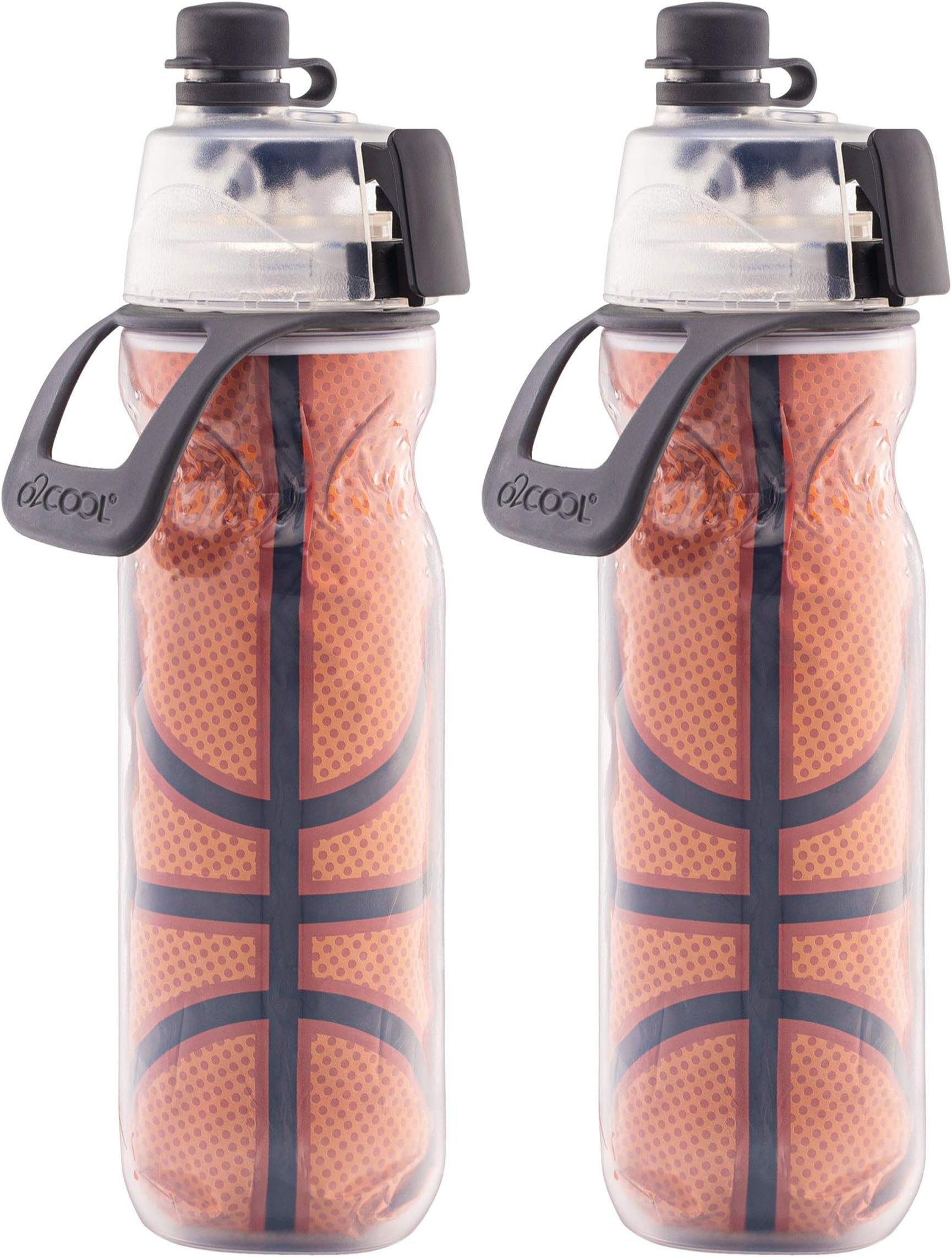 O2COOL Mist 'N Sip Misting Water Bottle 2-in-1 Mist And Sip Function With No Leak Pull Top Spout (Basketball) - 2 Pack