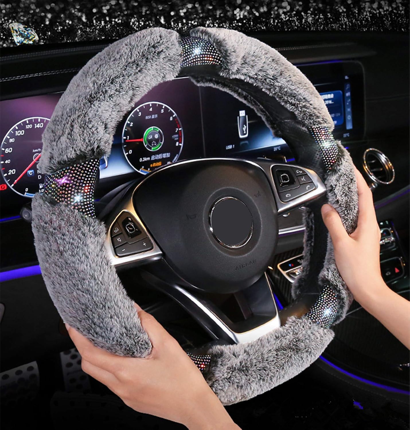 KAFEEK Diamond Fluffy Microfiber Plush Steering Wheel Cover with Bling Bling Crystal Rhinestones for Winter Warm, Universal 15 inch Fuzzy Steering Wheel Cover,Gray