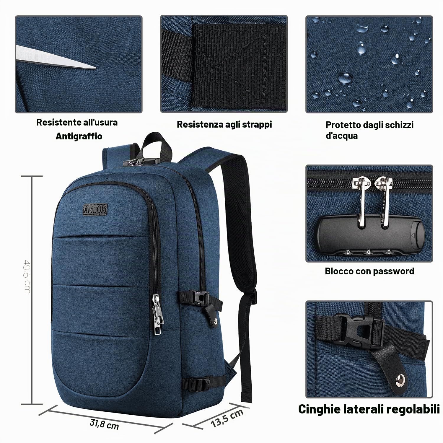 AMBOR Zaino per computer portatile da uomo con porta di ricarica USB, zaino da donna anti-furto, per laptop da 17,3 pollici, zaino per la scuola, multifunzione, business