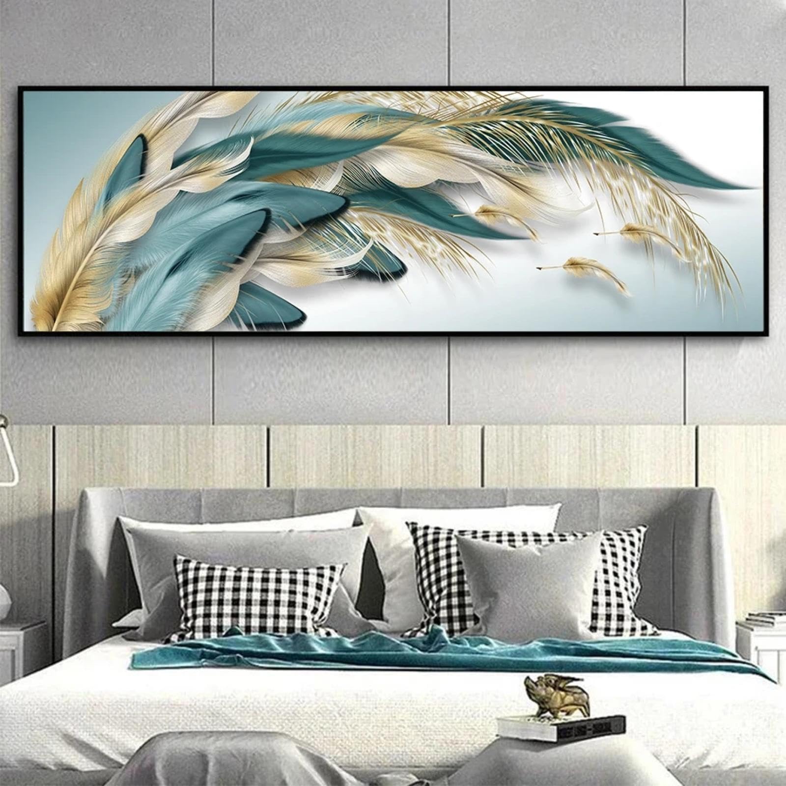 Canvas Painting Painting Large Abstract Gold Green Feather Poster Picture Decoration Living Room Wall Art Picture 20x60cm Frameless