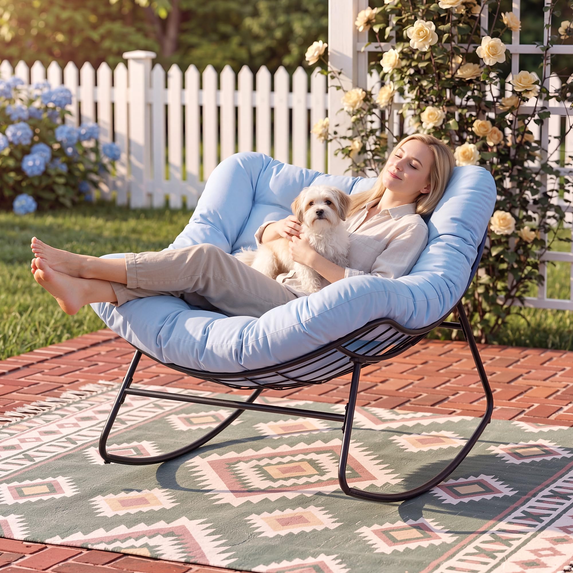 ONBRILL Outdoor Papasan Rocking Chair, 450 lbs Oversized Comfy Patio Chair with Thickened Cushion, Indoor Egg Rocking Lounge Chairs, Rocker Chairs for