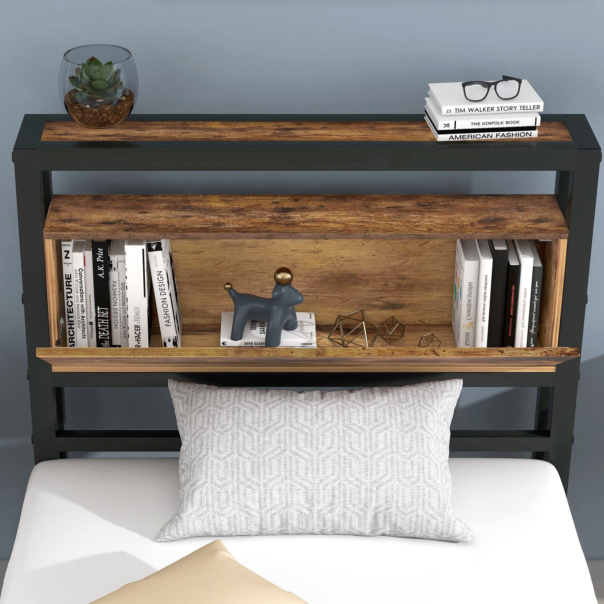 Gecheer Letto Singolo in Metallo con Testiera Contenitore, Letto per Ragazzi 90 x 200 cm in Metallo e MDF, Stile Industriale Nero for Camera da Letto Bambini e Adolescenti