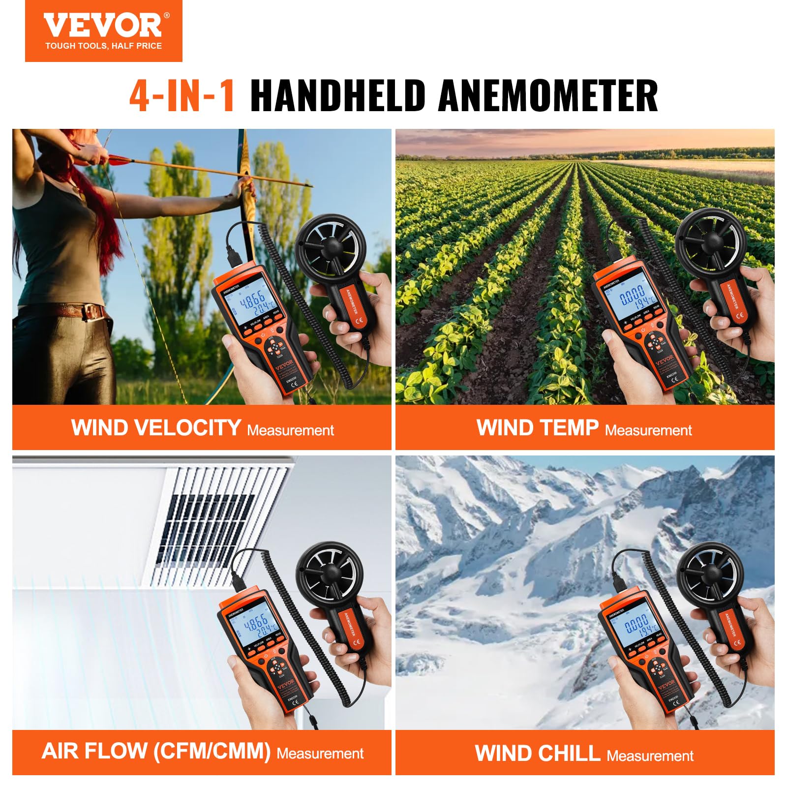 VEVOR Anémomètre Portable -10℃ à 60℃ Mesureur Numérique Vitesse du Vent CFM, Mesure Température du Vent, Flux d'Air, Refroidissement Éolien avec Écran Rétroéclairé LED pour Voile Surf Drone Vol CVC