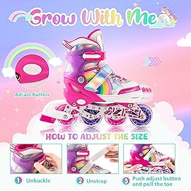 SULIFEEL Rainbow Unicorn Inline Skates for Girls Boys 4 Size Adjustable Light up Wheels Skates for Kids Beginner Pink Medium