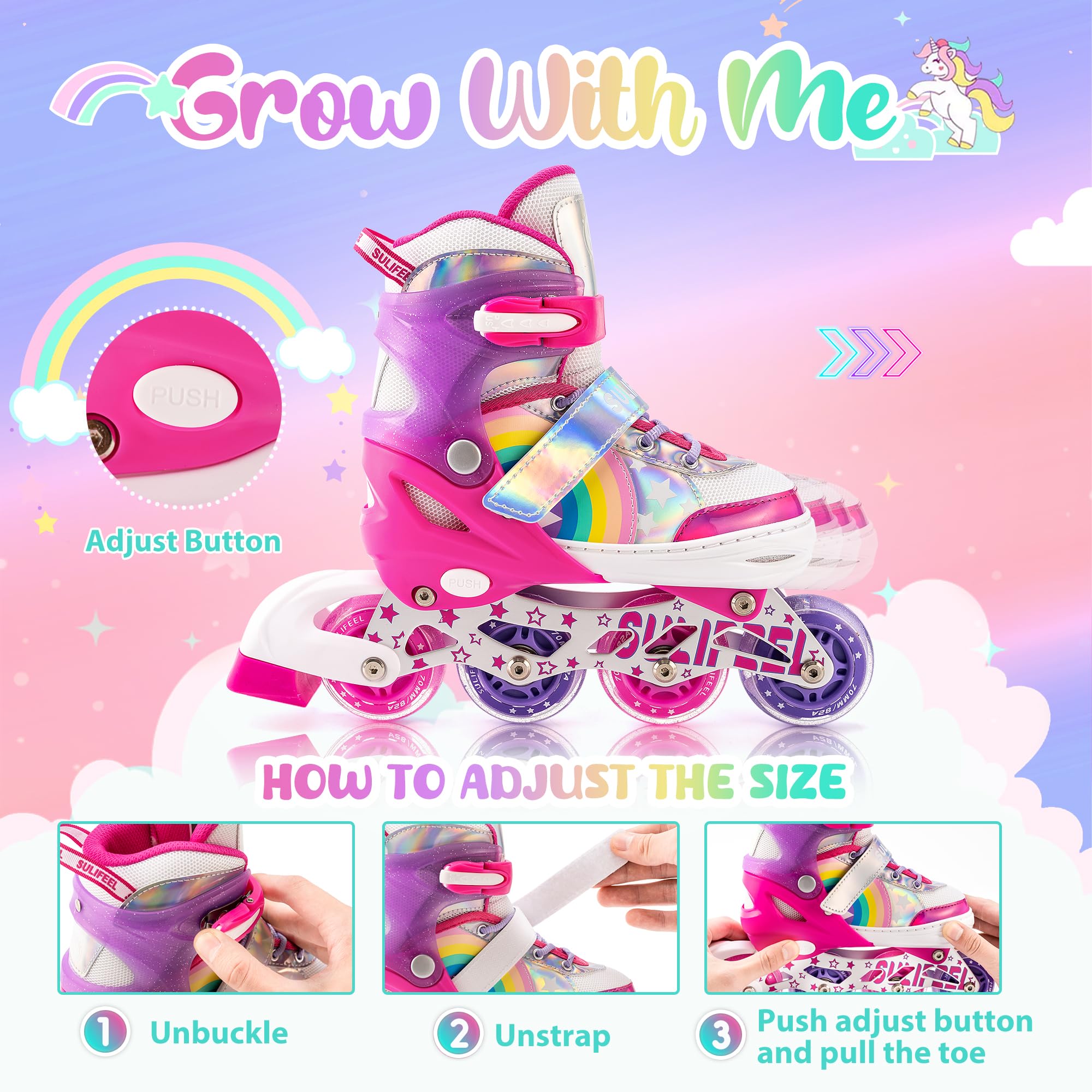 SULIFEEL Pattini in linea luminosi regolabili con unicorno arcobaleno per bambini, ragazze e ragazzi, pattini per principianti con ruote illuminate
