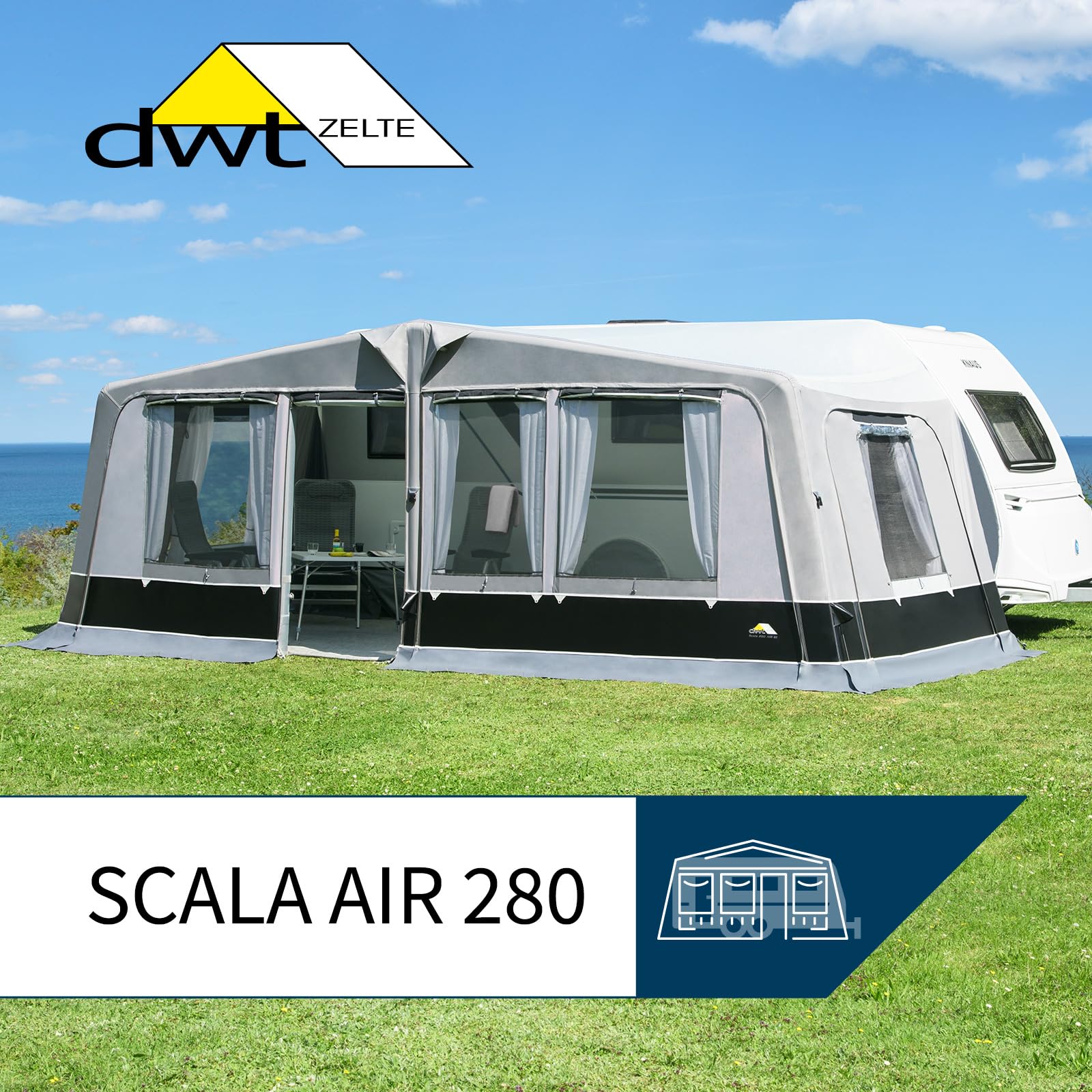 DWT - aufblasbares Vorzelt - Wohnwagen - Scala Air 280 - herausnehmbare Vorder- und Seitenwände - Ganzzelt 280 cm Tiefe - Air-In-System