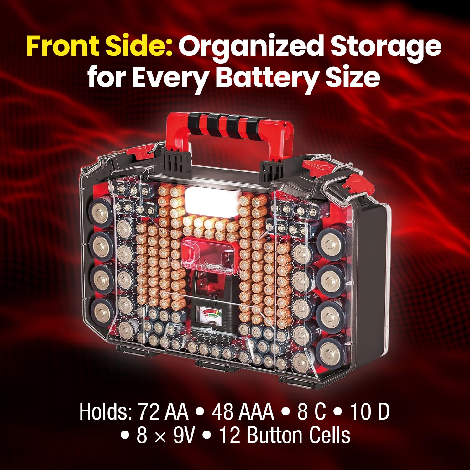 Battery Daddy Custodia portaoggetti con luce e tester, conserva e protegge oltre 200 batterie, design resistente su entrambi i lati, con coperchio di bloccaggio trasparente, chiusure sicure e maniglia
