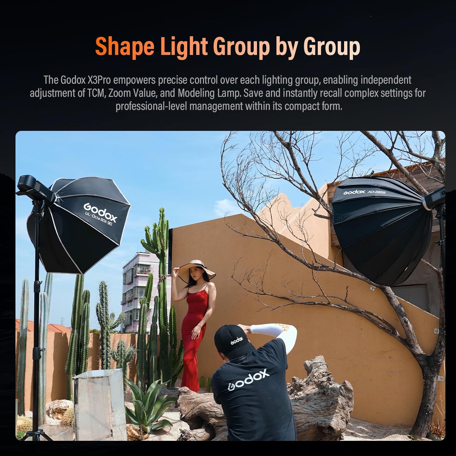 Godox X3PRO-C on camera, showing creative shutter control options for time-lapse and long exposure photography.