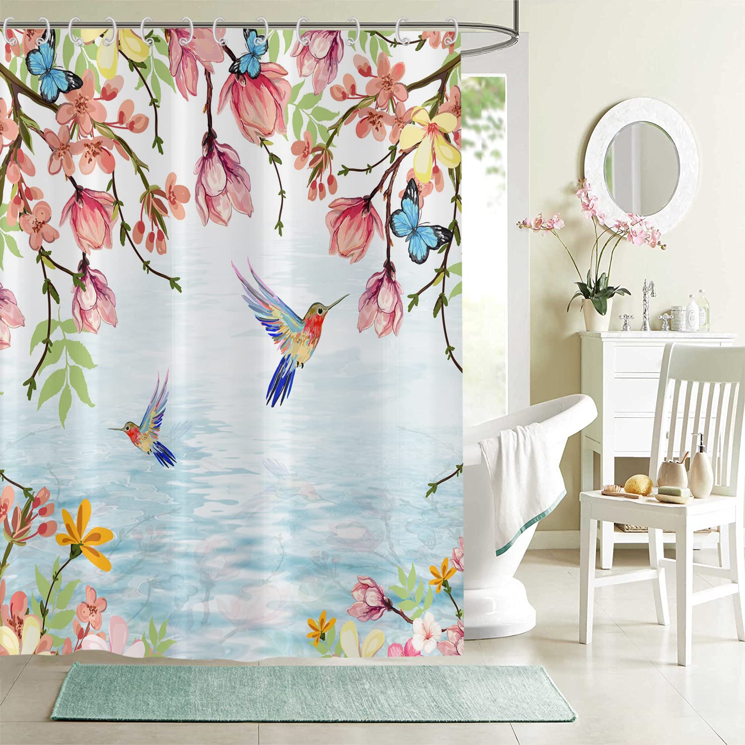 Hnmdmyi Flower Hummingbird Shower Curtain 180x180, Colorful Floral Cute Bird Spring Bathroom Curtains Modern Watercolor Natural Plant Botanical Aesthetic Waterproof Polyester Fabric Bath Curtains