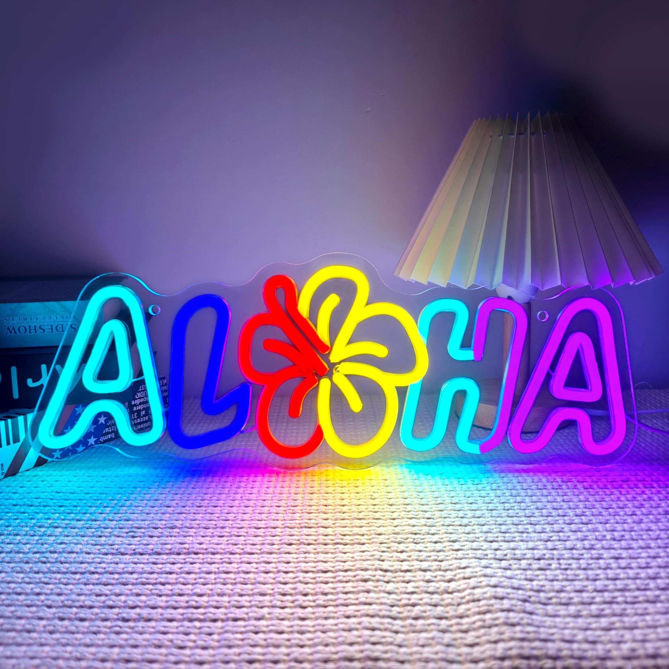 Aloha with Hibiscus Flower LED Neon Sign Rainbow Multi Color Hawaiian Theme Decor for Bedroom, Party, Tiki Bar & Vacation Home USB Powered Dimmable Light Up Sign (16.93x6.10 Inches)