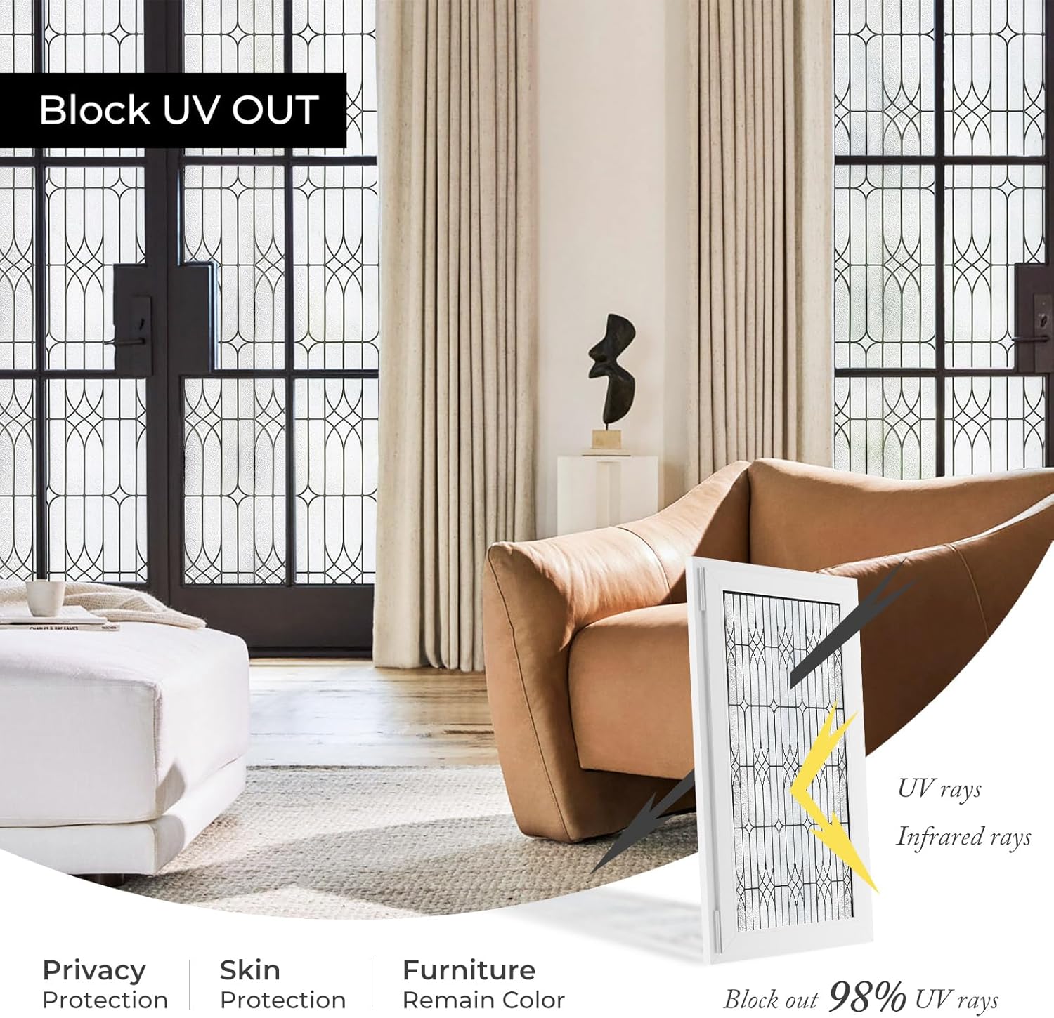 ADD.HERES Window Privacy Film, Stained Glass Decorative Static Cling, Removable Sun Blocking Vinyl Covering,Window Film for Home Kitchen Living Room, Dusseldorf, 35.45" x 78.7"