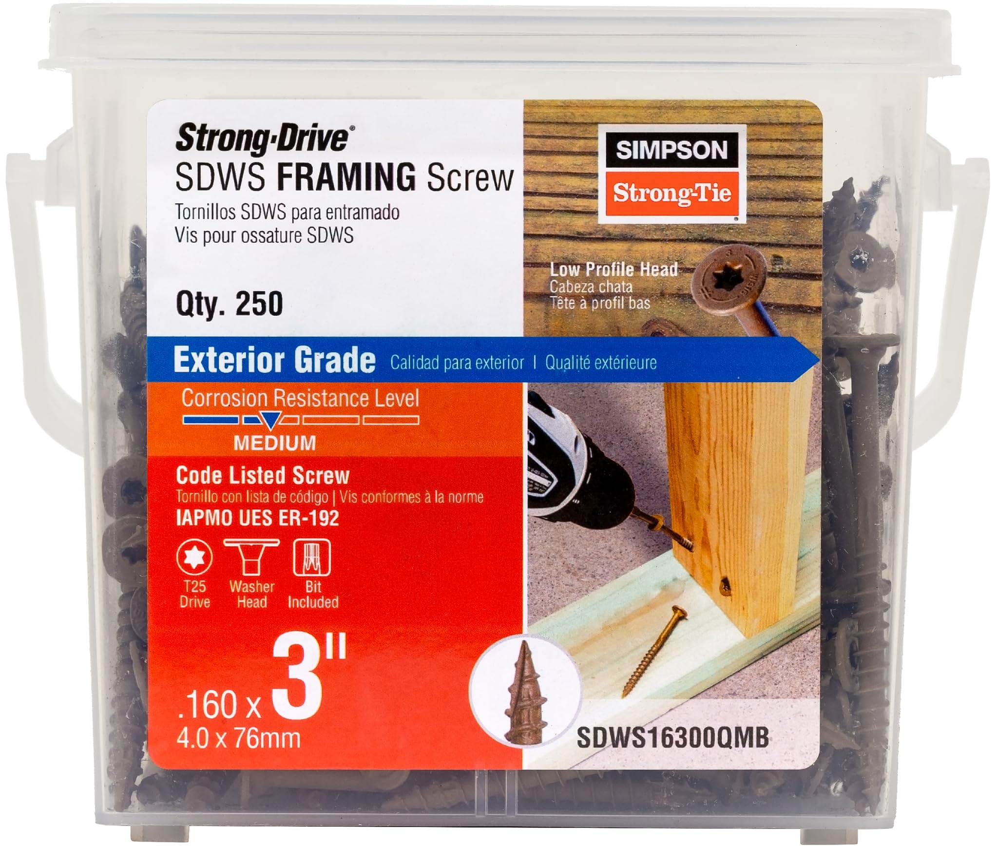 Simpson Strong-Tie SDWS16300QMB Strong-Drive SDWS Framing Screws, 0.160 Inch x 3 Inch, Quik-Guard, Low Profile Head, Sawtooth Point, Tan (Pack of 250)