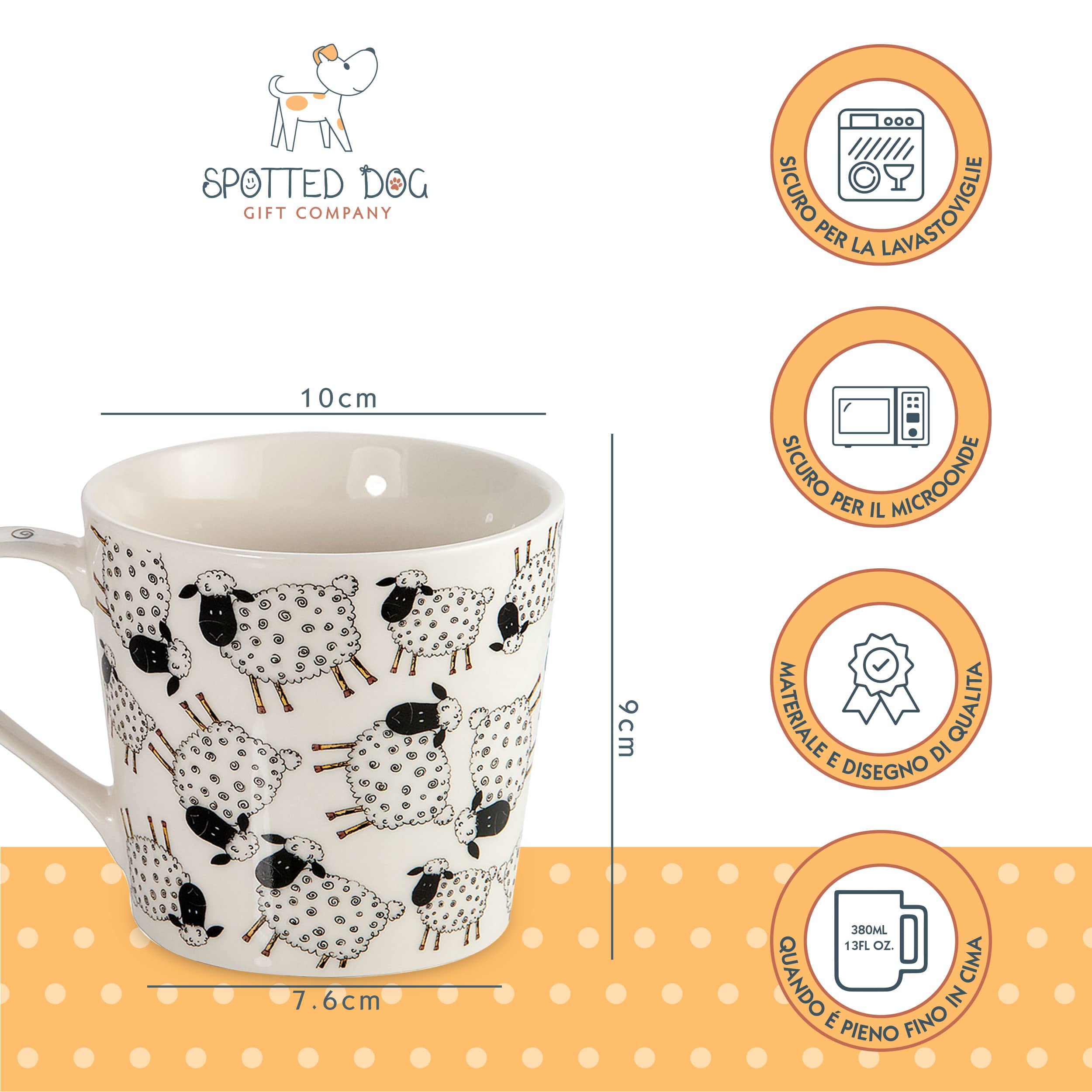 SPOTTED DOG GIFT COMPANY Set di 4 Tazze da Caffè in Ceramica 380 ml per Caffè e Tè, Tazze con Animali Bianco e Nero a Tema Pecora, Adatte a Lavastoviglie e Microonde, Regalo per chi ama gli animali
