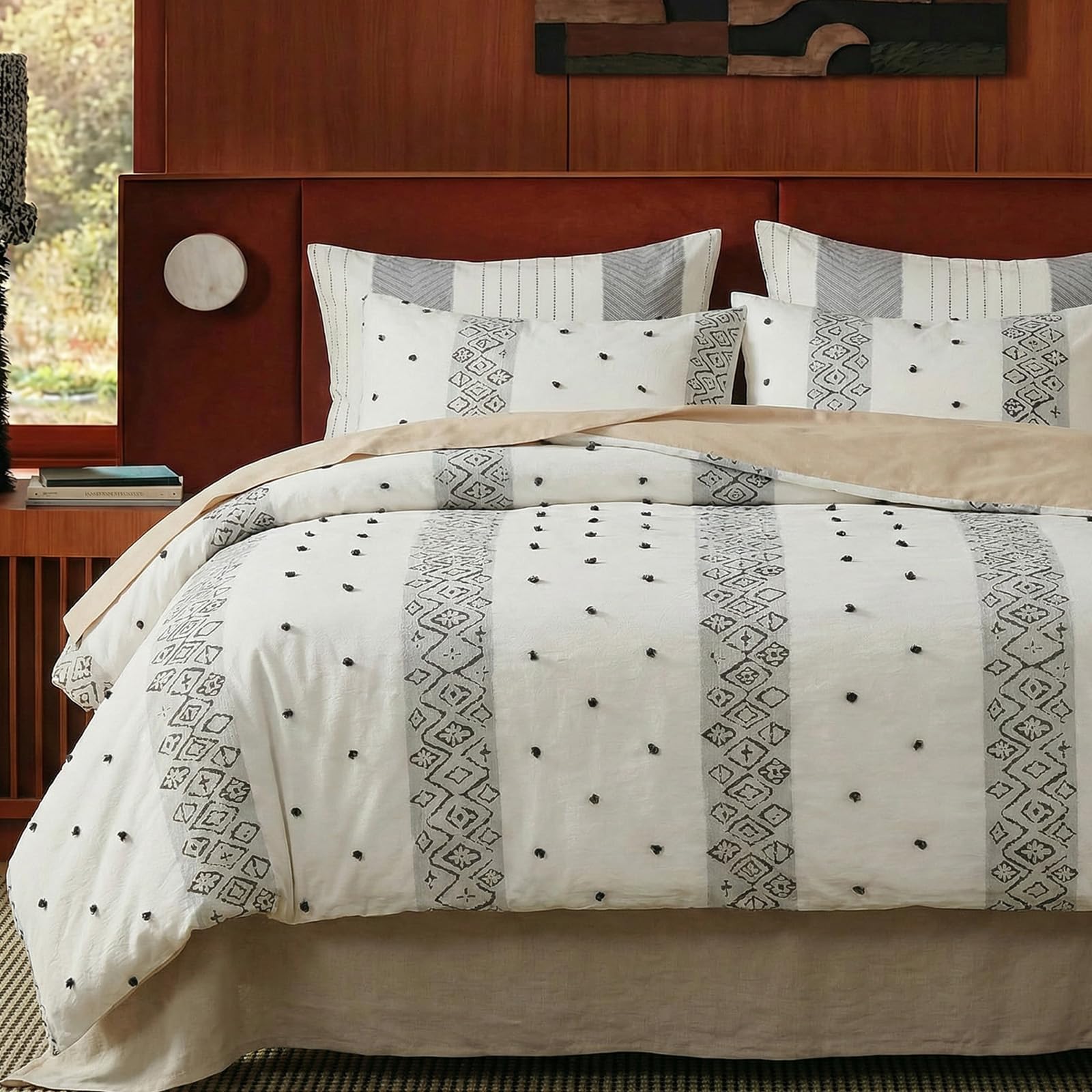 100% Cotton Duvet Cover Set King Size, Neutral Ivory Bedding with Ethnic Stripe, 3 Pieces Soft Breathable Boho Geometric Bed Set for All Seasons-image-22