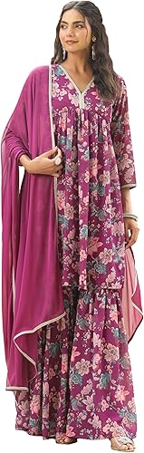 Janasya Conjunto de Kurta para mujer india con estampado floral amarillo Georgette