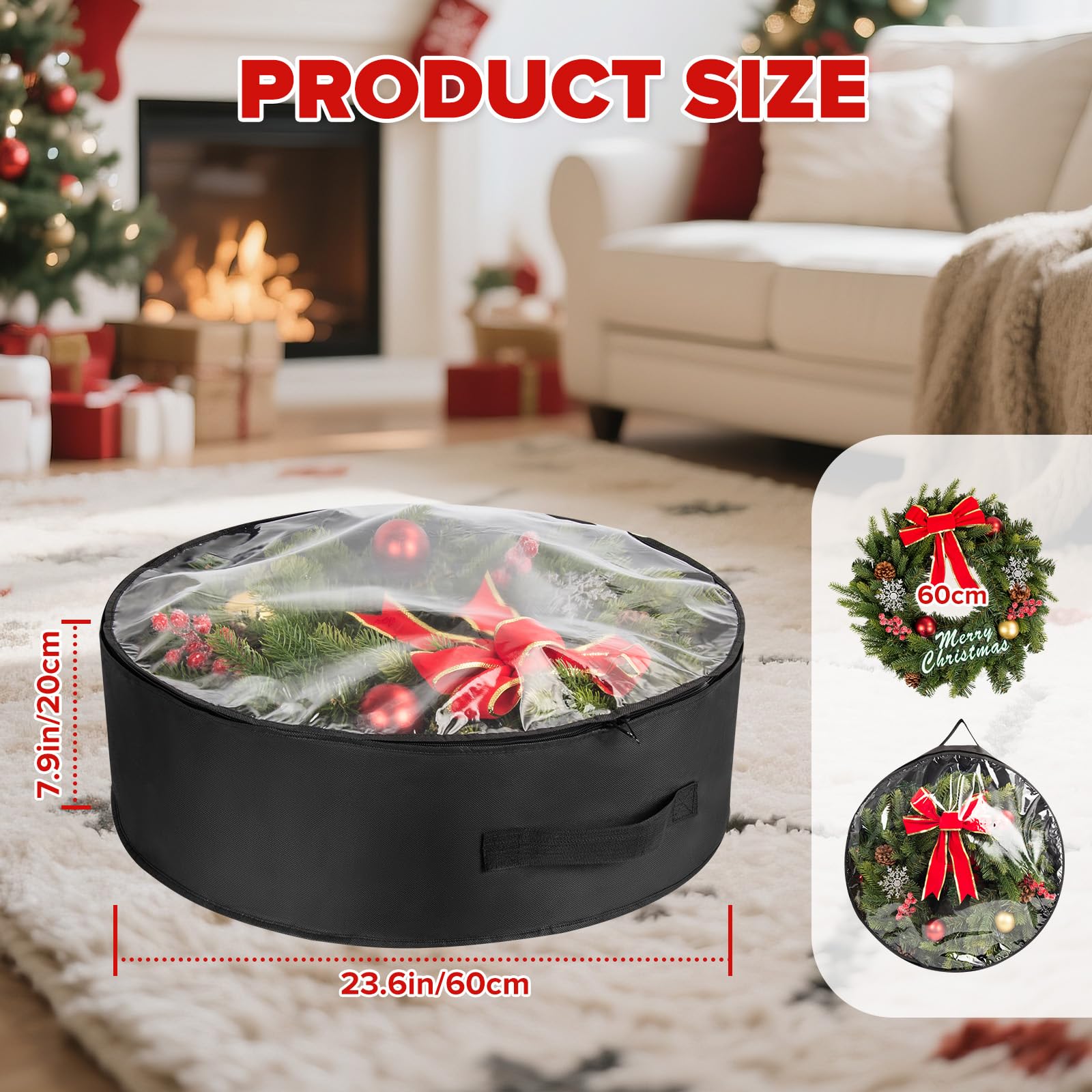 Weihnachtskranz-Aufbewahrungstaschen mit transparentem Fenster, wasserdicht, schwarz, PE/PVC, Urlaubsdekor, Organizer für Girlande, Ornamente, Reißverschluss und Griff (61 x 20 cm)