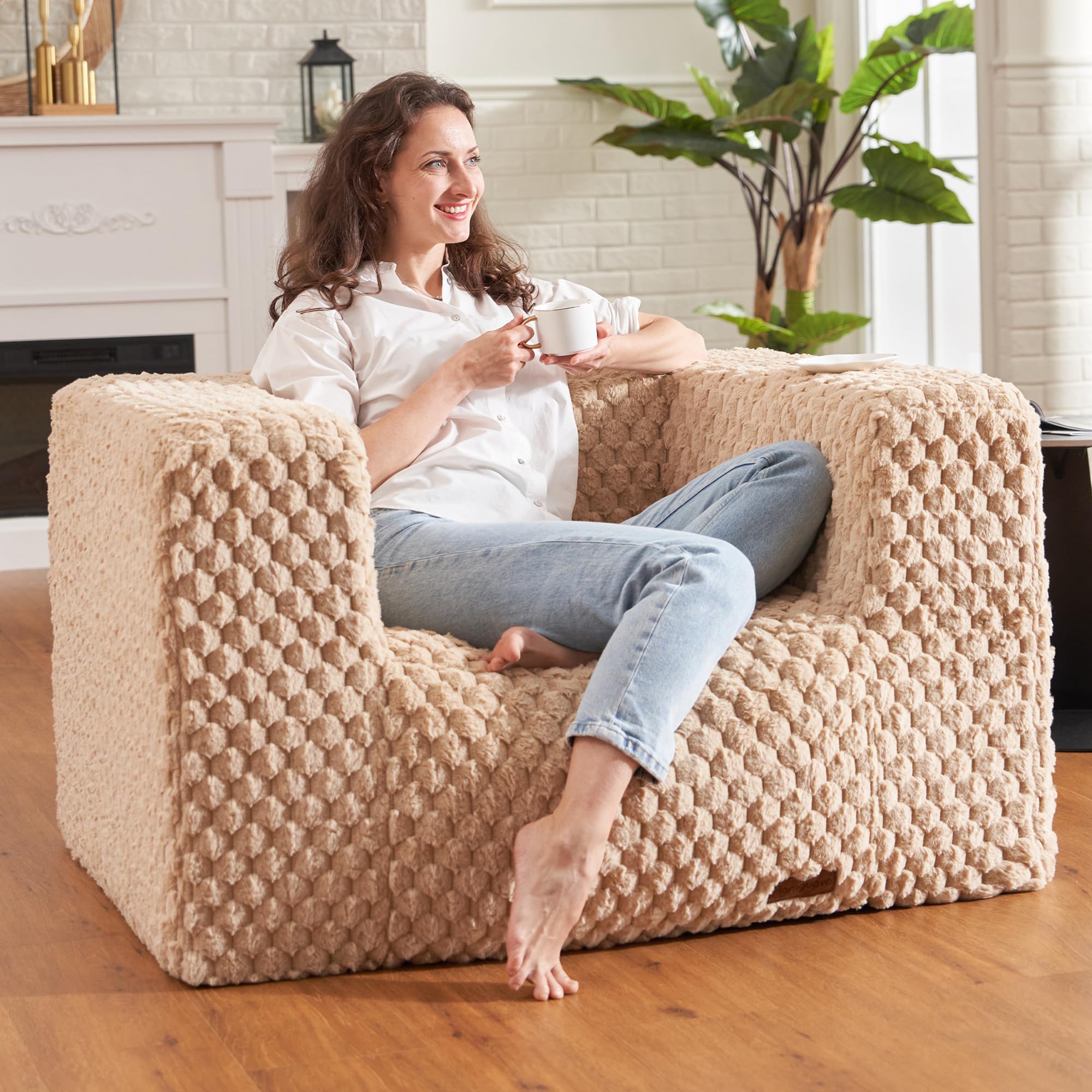 Homguava Giant Bean Bag Chair, Bean Bag Couch with Wide Armrests, Bean Bag Chairs for Adults Stuffed High-Density Memory Foam, Large Bean Bag Sofa for Livingroom Bedroom Gaming Room (Khaki)