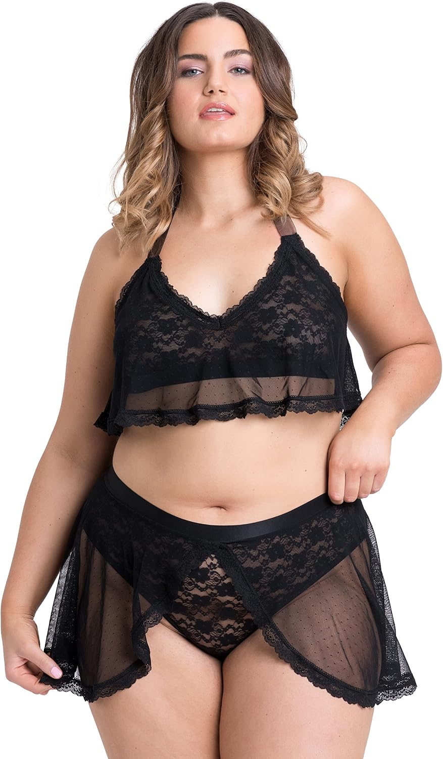 Lovehoney Lingerie Peony Black Lace &amp; Mesh Bra Set with Knicker and Overskirt