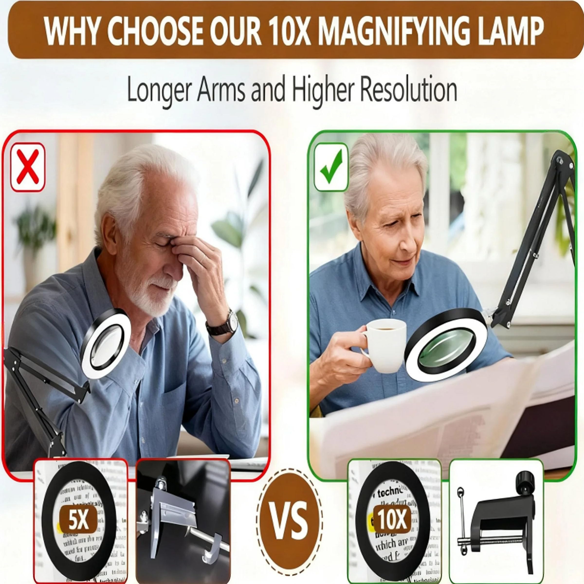 10 x szkło powiększające ze światłem LED 5,5 cala, prawdziwe szkło, oświetlenie, profesjonalna lampa biurkowa do domu, biura, 2 sekcje Cantilever Structure LED Table lamp with Touch Control