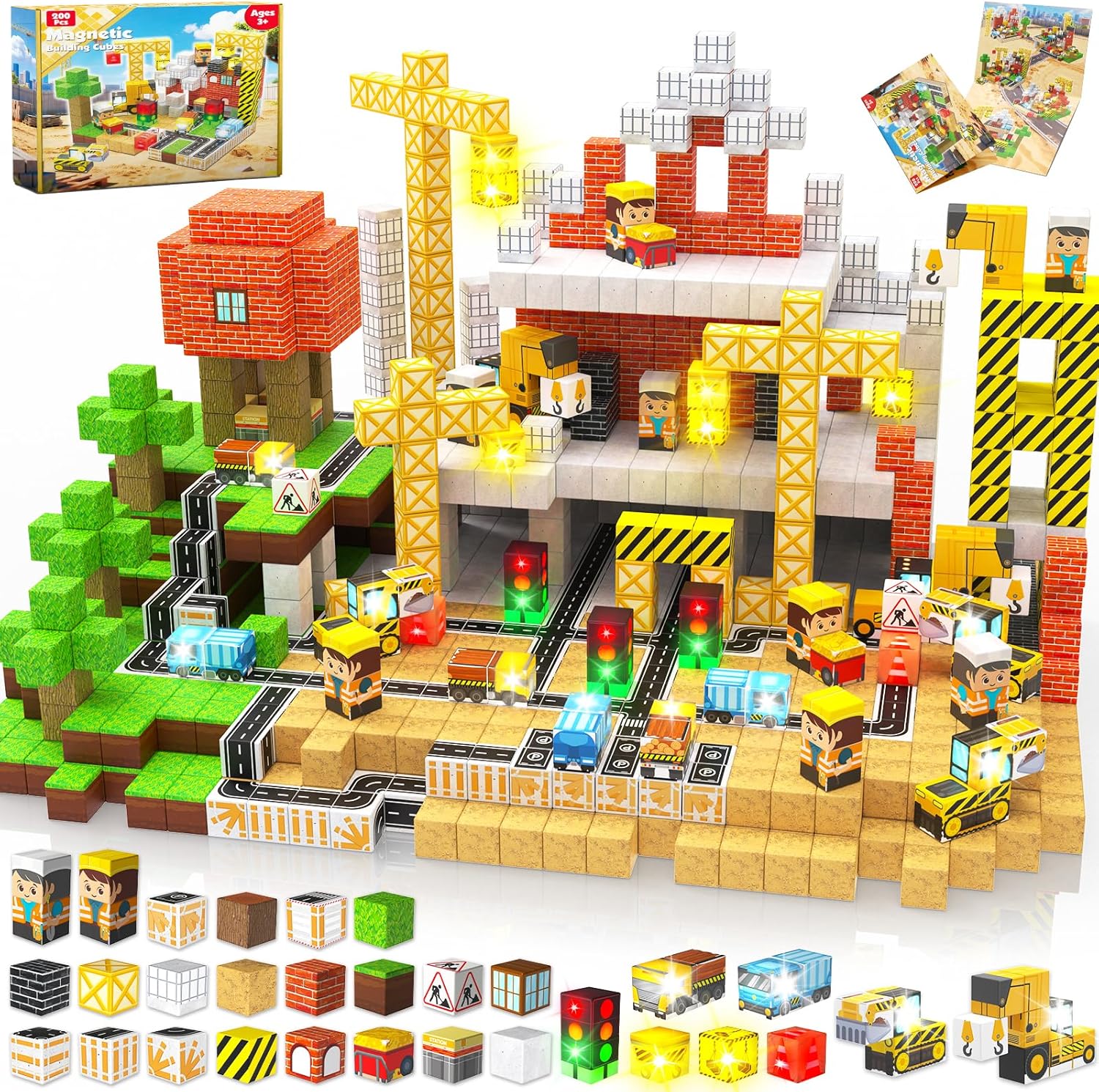 200PCS Magnetic Blocks with Light Up Blocks,Magnetic Building Blocks,Magnetic Cubes for Ages 3-10 STEM Sensory Educational Stacking Toys for Boys & Girls Birthday Gifts