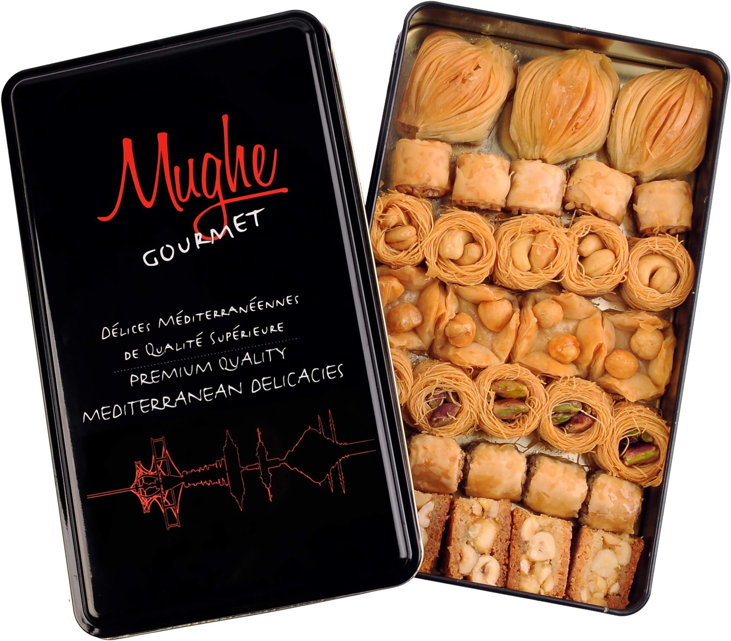 Mughe Gourmet Assorted Baklava Pastry Gift Elegant Tin Box - 500g 1.1lb 32 pcs - Turkish Pistachio, Almond, Walnut, Cashew, Hazelnut Bite Size Gifts Baklawa Sweet - Perfect for Birthday, Fathers Day