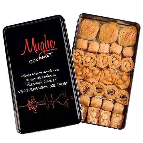 Miniatura 11 de Mughe Gourmet - Caja de regalo de Baklava turca de primera calidad, surtido de pastelería halal con pistachos, nueces, anacardos, elegante lata