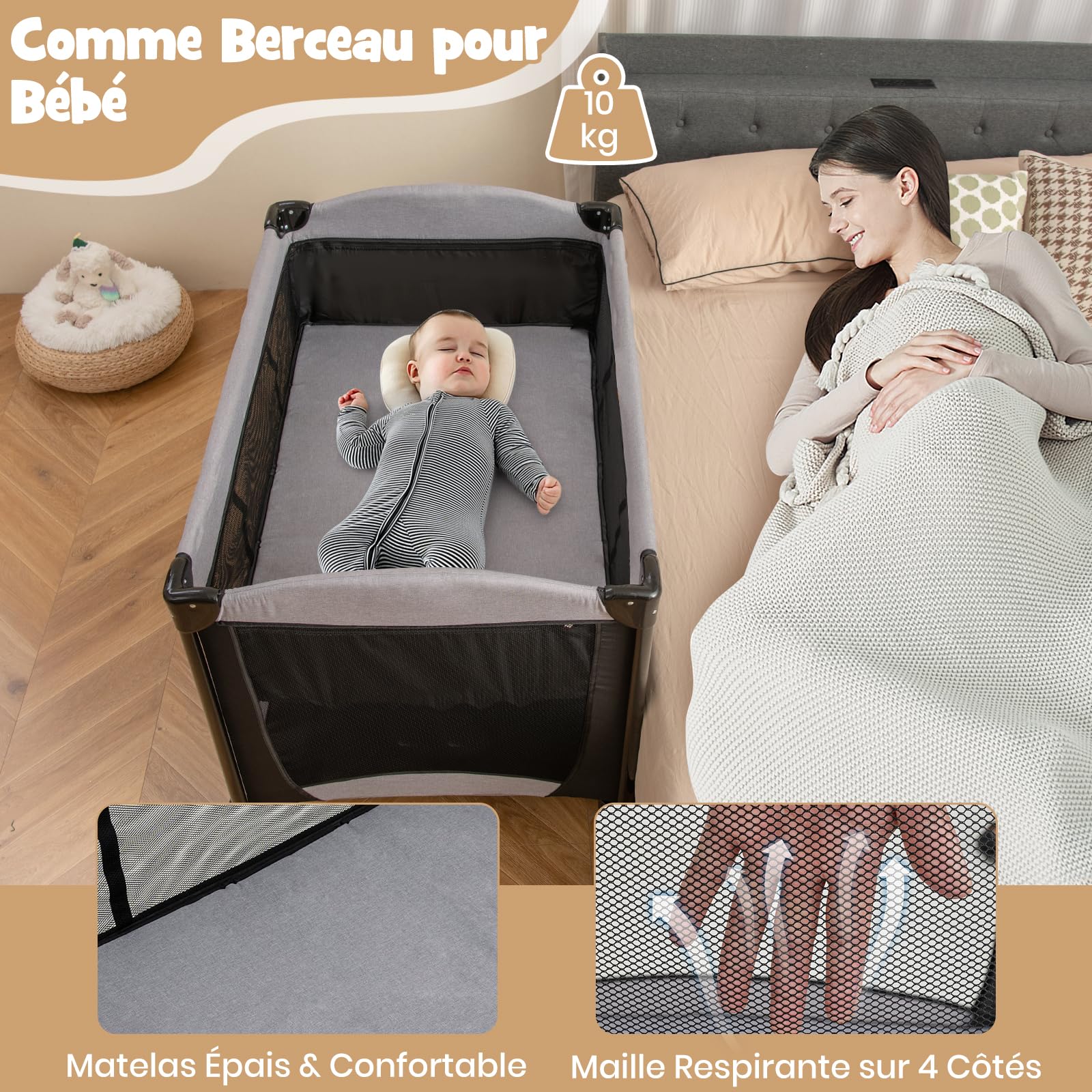COSTWAY 5 en 1 Lit Parapluie Bébé avec Matelas & Table à Langer, Lit Bébé Evolutif avec Berceau Amovible & 2 Jouets, 2 Roues avec Frein, Sac de Transport, 110x78cm, Charge 10kg pour 0-3 Ans