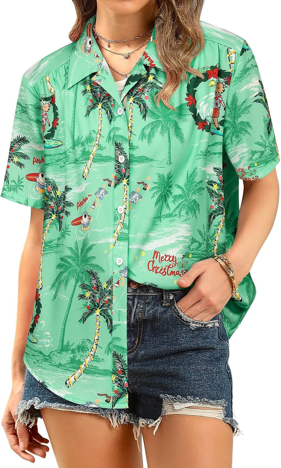 Womens Christmas Hawaiian Shirt Short Sleeve Button Down Shirts Funny Xmas Loose Holiday Blouses Tops Green Xmas XL